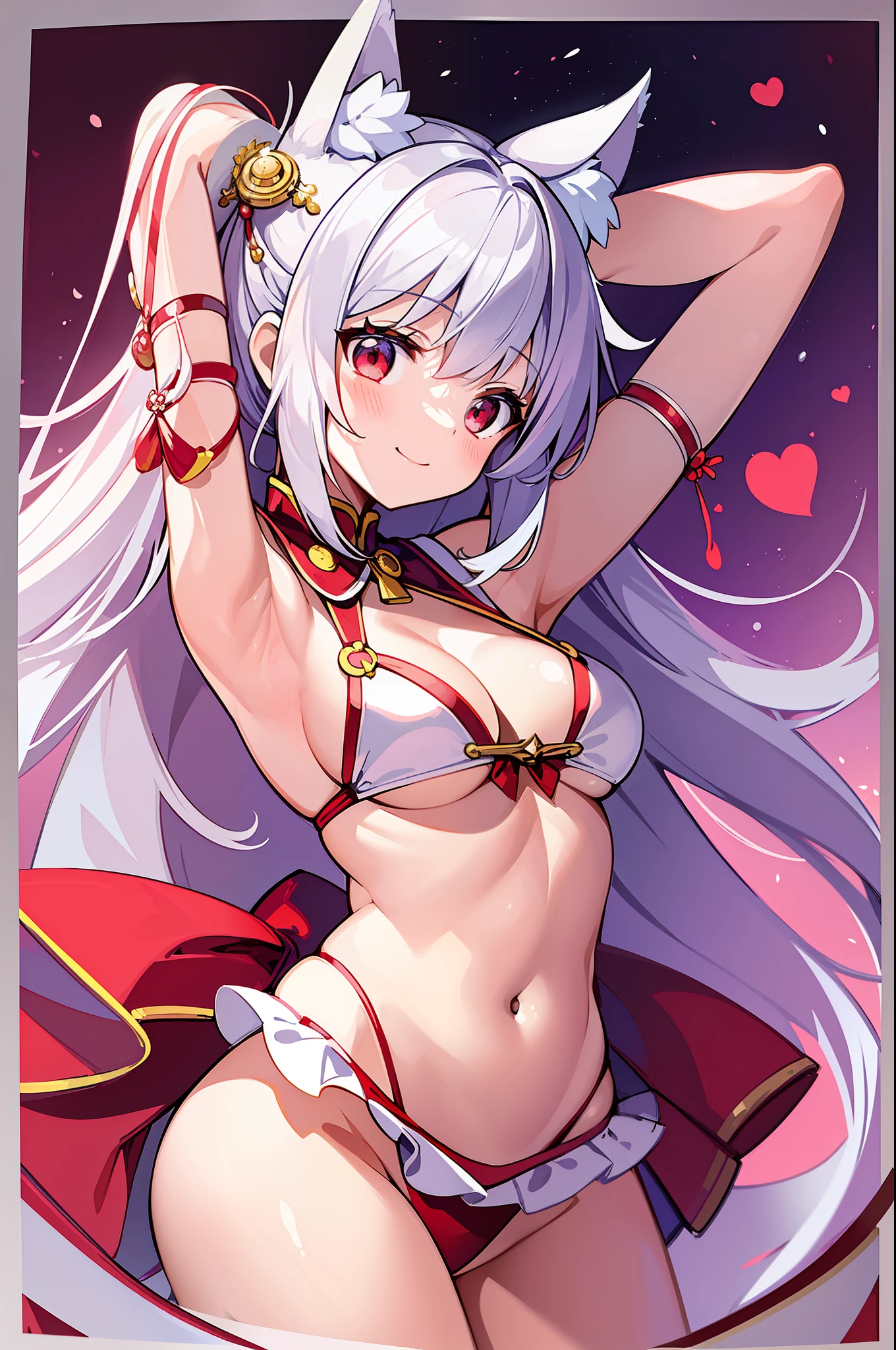 (Masterpiece), (Top Quality Anime Illustration), (Super Definition), (Super Detail), One Girl, Solo, Silver-haired Beautiful Girl, Anime Loli, Cat Ear Loli, Red and White Priestess Costume, Red and White Hakama, Lori Priestess, Smile, (Small: 1.5), Cleavage Emphasis, Underboob, Thighs, Cherry