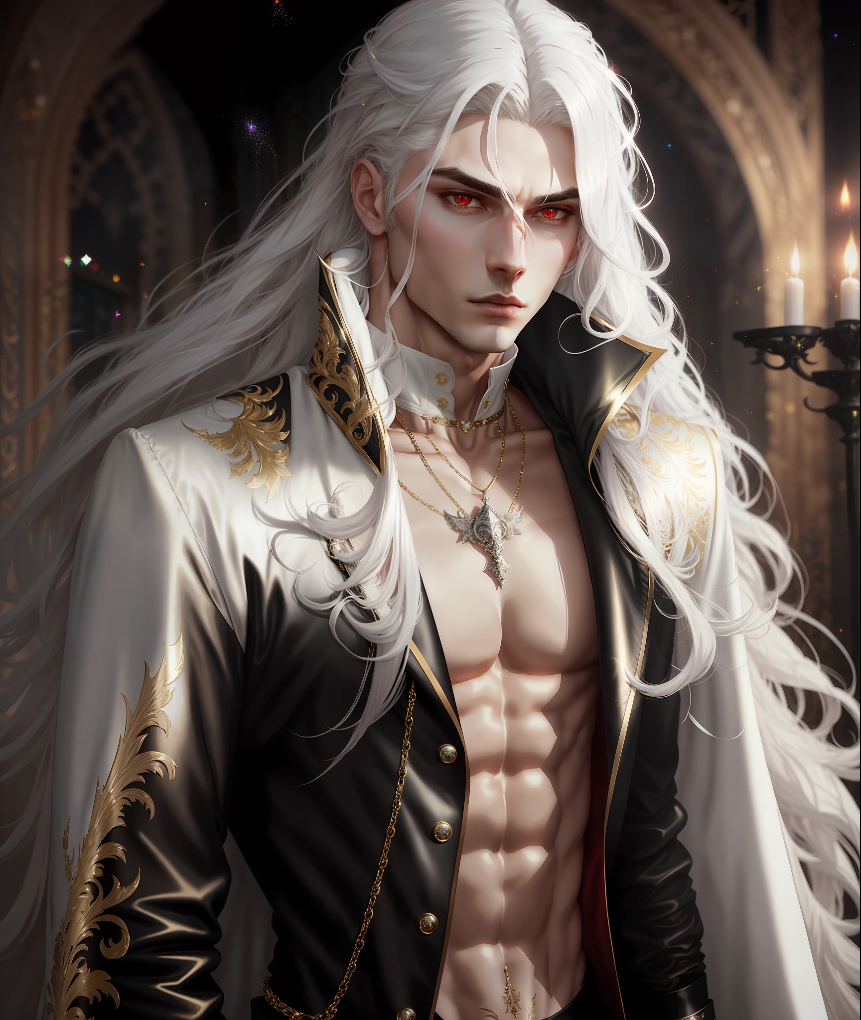 gorgeous male vampire with perfect balance of masculine and feminine features, stunning long white hair, white and gold tetradic colors, perfect anatomy, seductive red eyes, 8k resolution, (Single person), masterpiece, perfect face:1.2), intricate details, gothic Victorian detailed background, 32k, covered navel, full lips, curvy guy, cinematic lighting, balenciaga, glitter