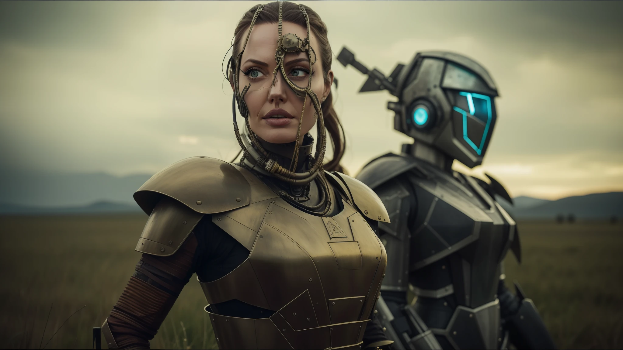 There is a muhler and a robot dressed in armor standing in a field, animatronic Angelina Jolie, Tuomas Korpi and Wlop, inspired by Juliana Sveinsdóttir, metal jaw, promotional images, cybernetic clothing, intricate steampunk images, promotional photo, Karl Urban