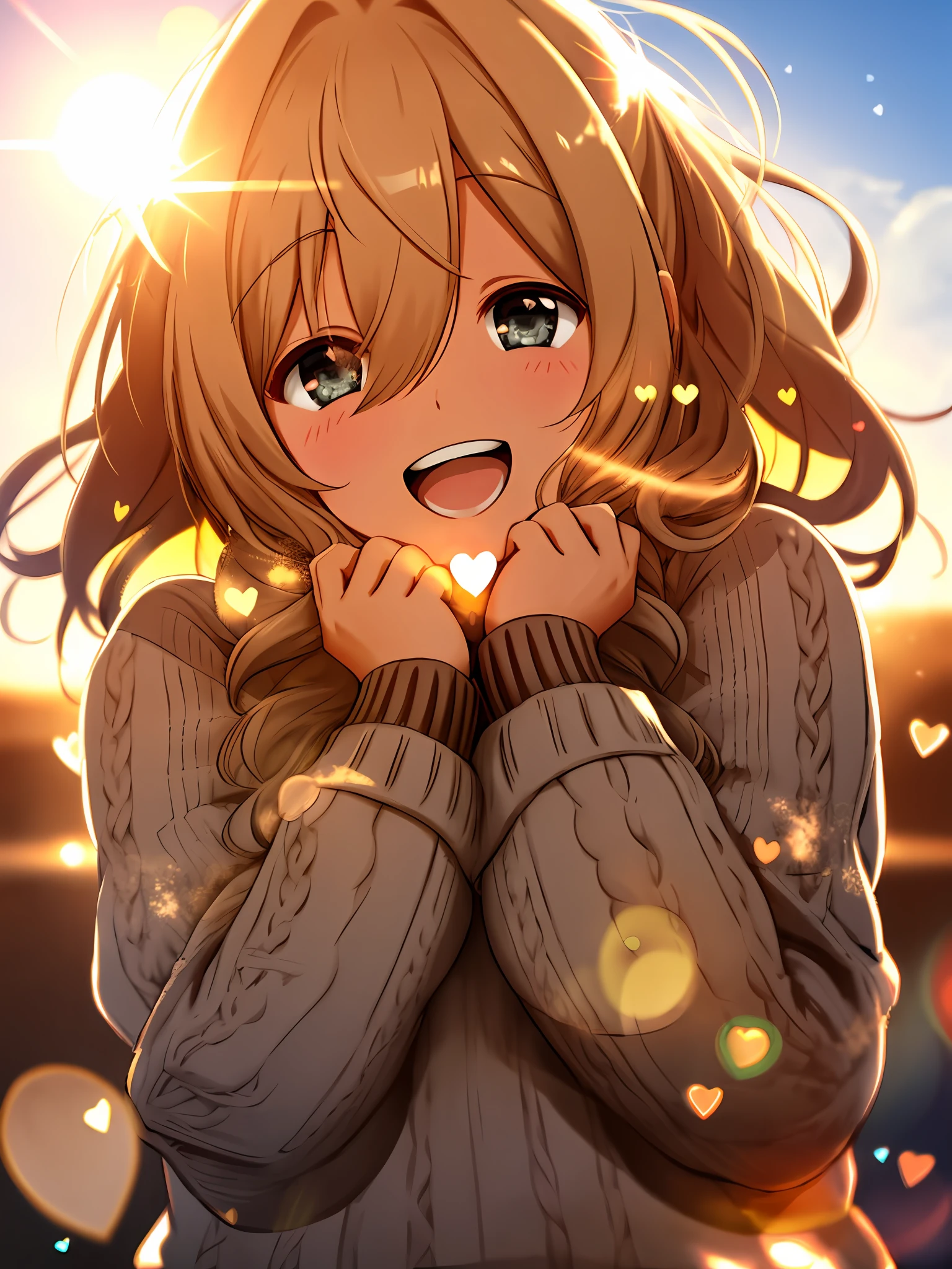 a girl, cosy sweater on, upper body, (huge Laughing:1.1), (open mouth:1.1), (wide open eyes:1.2), sun glare, bokeh, depth of field, blurry background, light particles, strong wind, (heart particles:1.1)