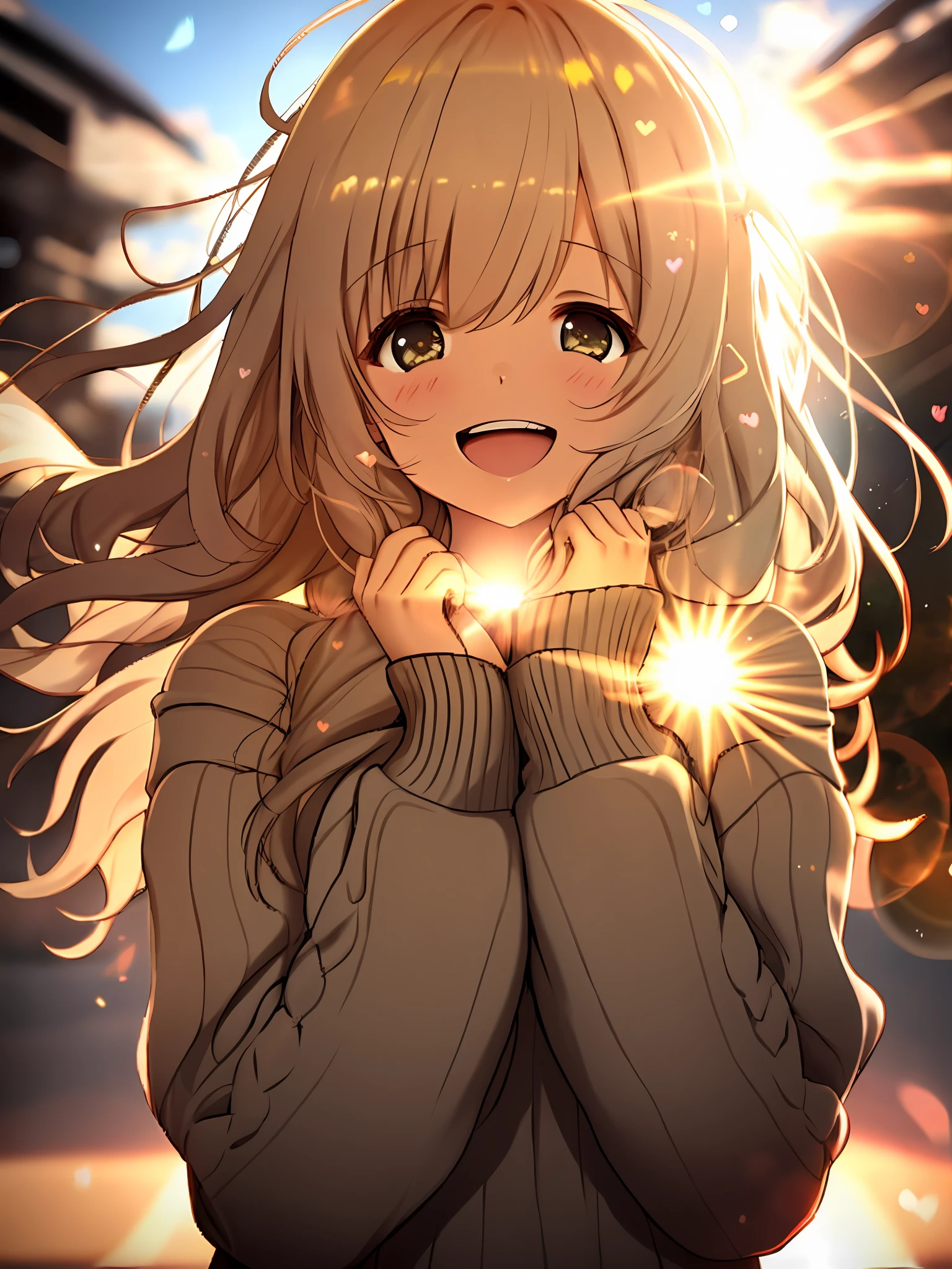 a girl, cosy sweater on, upper body, (huge Laughing:1.1), (open mouth:1.1), (wide open eyes:1.2), sun glare, bokeh, depth of field, blurry background, light particles, strong wind, (heart particles:1.1)