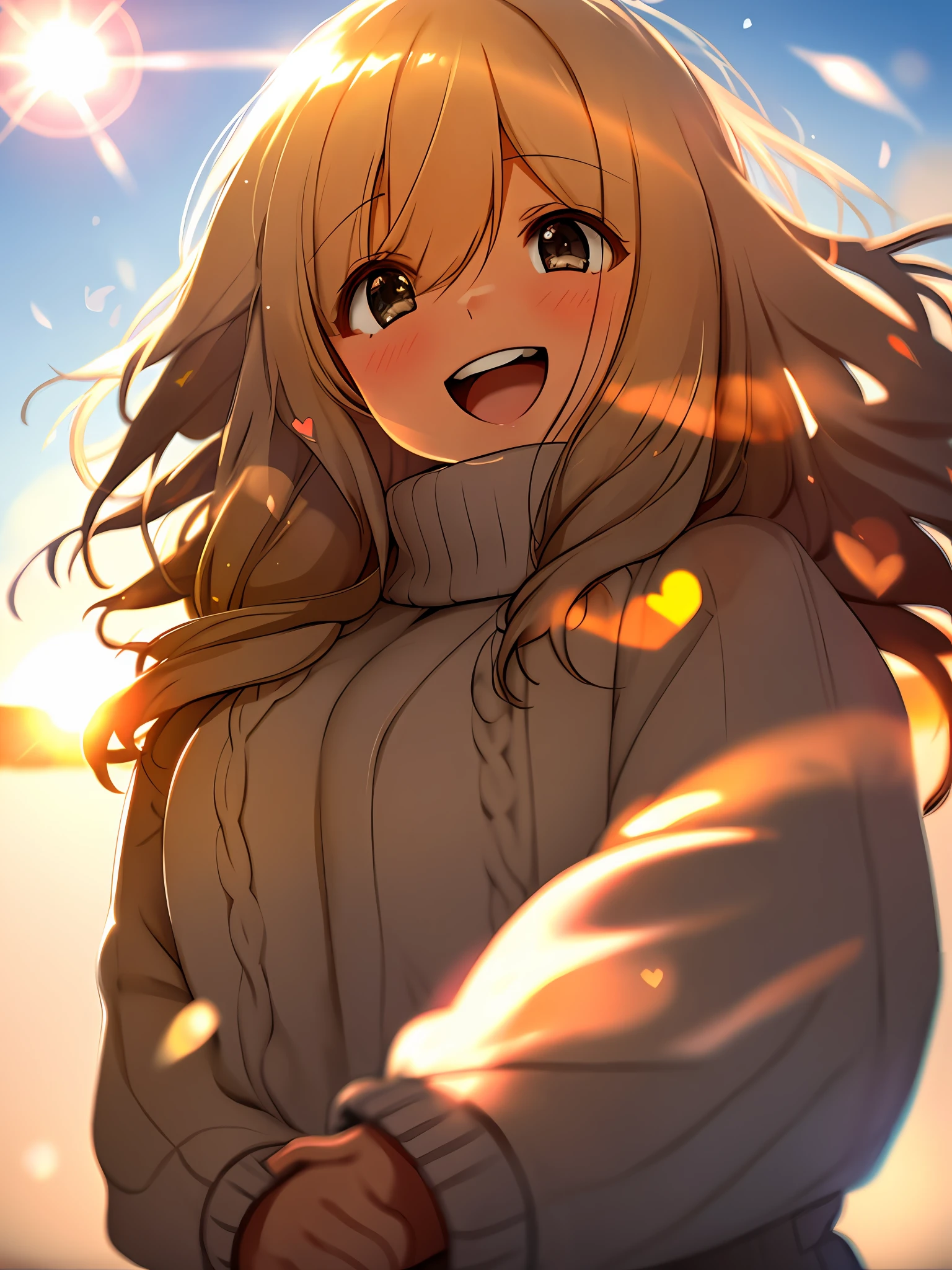a girl, cosy sweater on, upper body, (huge Laughing:1.1), (open mouth:1.1), (wide open eyes:1.2), sun glare, bokeh, depth of field, blurry background, light particles, strong wind, (heart particles:1.1)