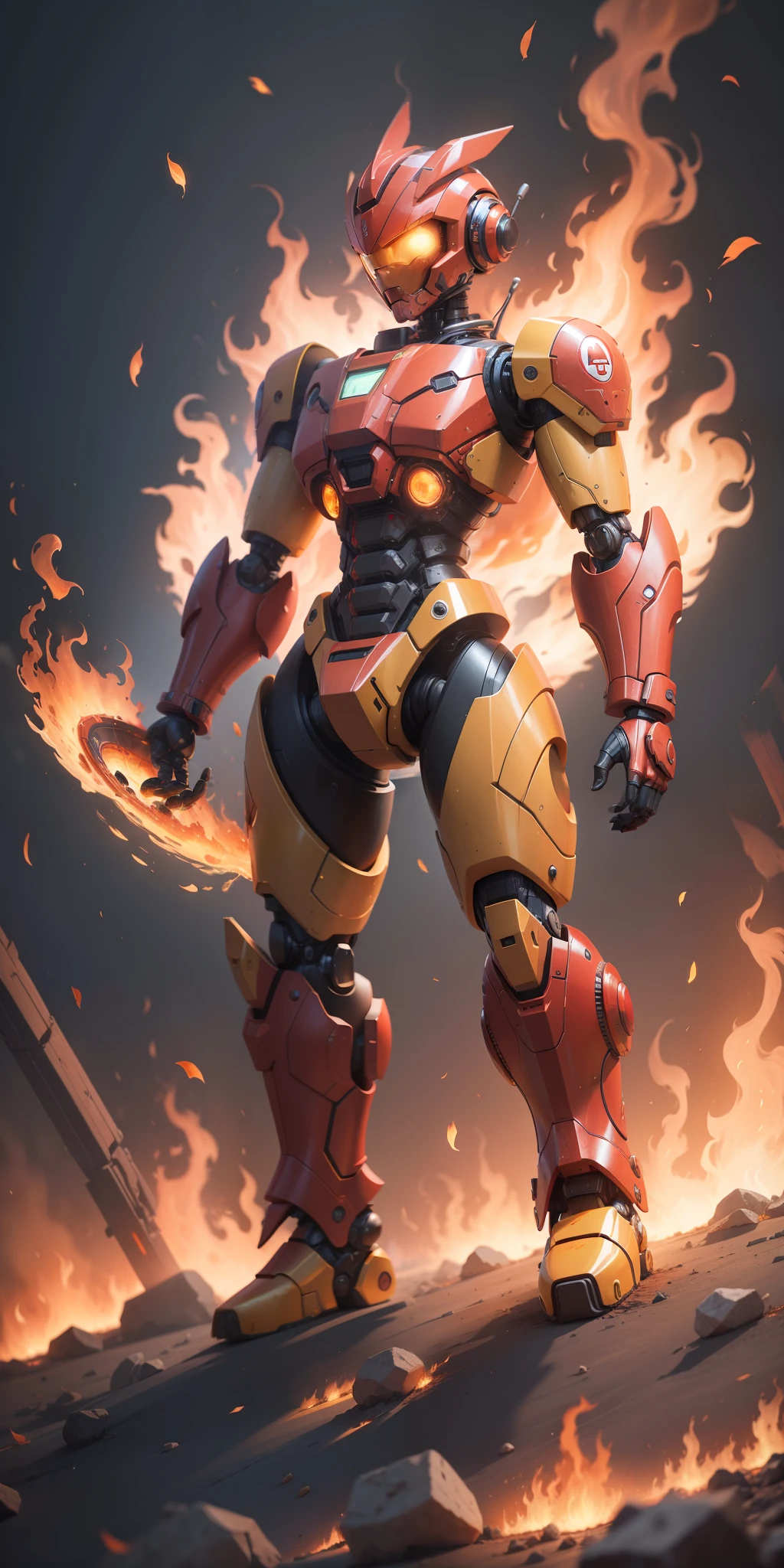 A red and yellow humanoid robot burns in the fire, the body is full of fire, science fiction, future, half-body, metal texture, dynamic