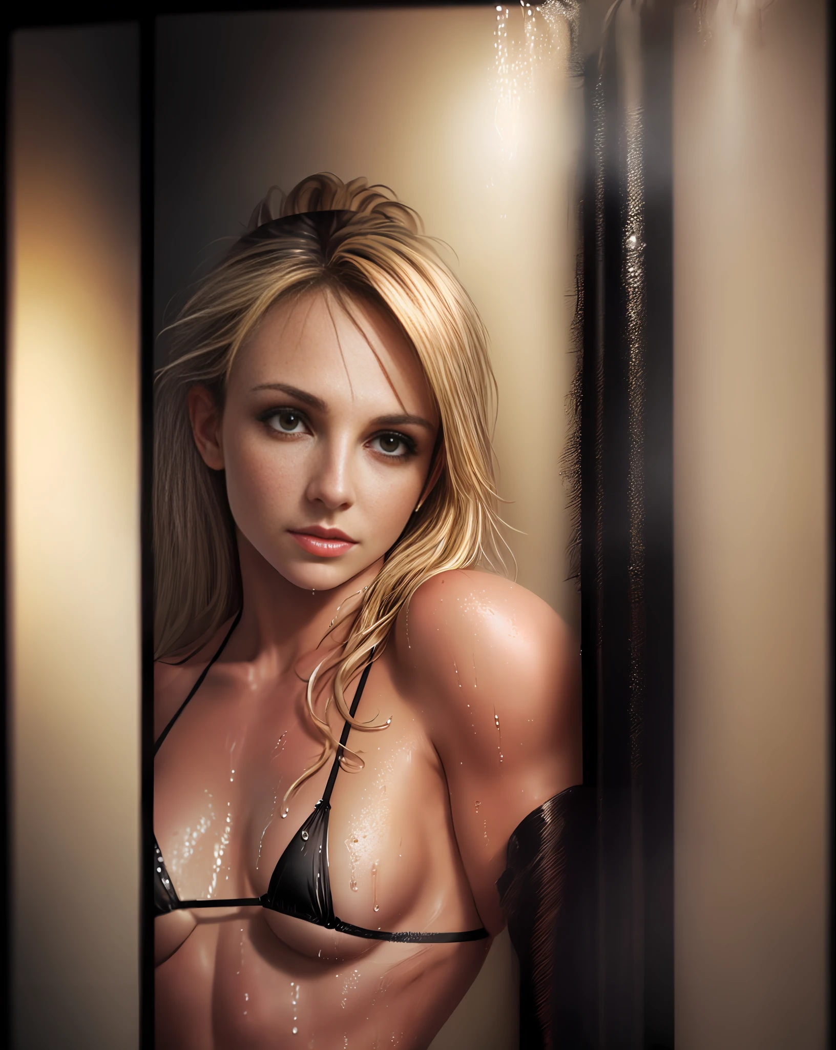 Britney Spears, brown eyes, medium breasts, micro black bikini, getting out of the shower, bathroom, bedroom, wet body, wet hair, detailed eyes, a masterpiece, depth of field, 8k, richness of detail, realistic photography, detailed skin rich in detail, portrait style
