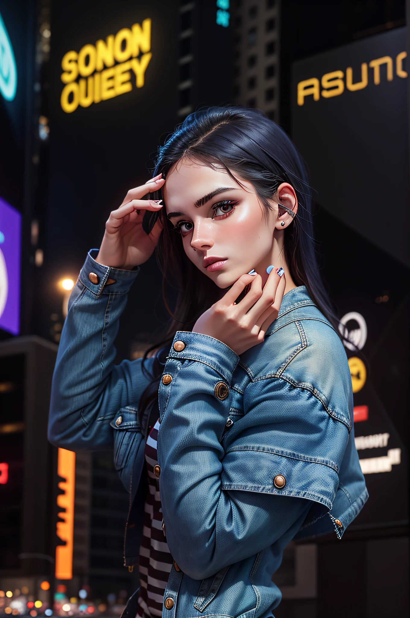 20 year old woman in a blue denim jacket and a striped dress, modeling photography, beautiful model model, beautiful model girl, woman model, casual pose, beautiful female model, casual photography, night photo, cars with lights on, model in the middle of the street, high quality photo, anime style, photo in time square, new year, countdown on the big screen --auto --s2