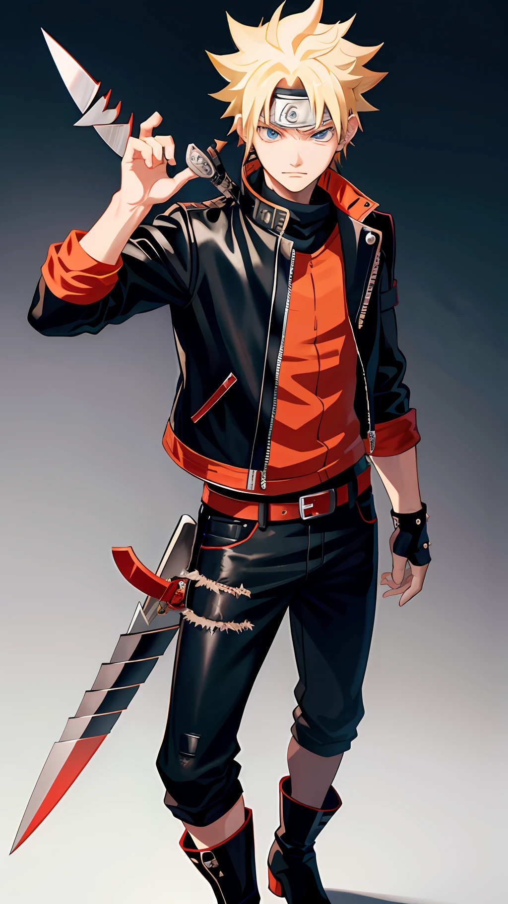 1 boy, shonen style, blonde hair, spiky hair, whisker marks on cheeks, black and red outfit, leather jacket, jeans, boots, bandana, cool, blue eyes, holding a kunai, full body, color --name Naruto Uzumaki