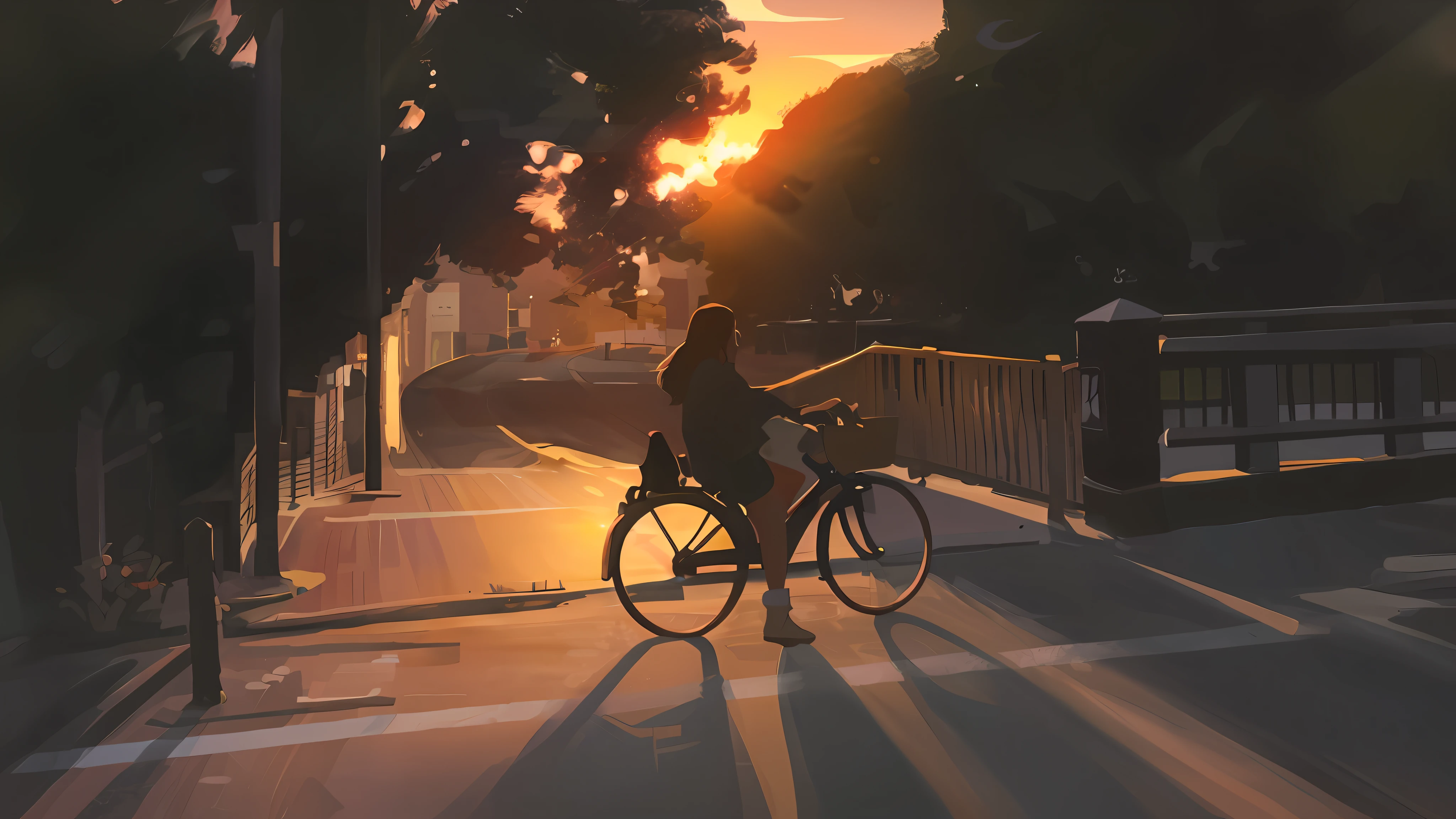 painting of a woman riding a bike on a street at sunset, in the sunset, warm sundown, golden hour scene, going forward to the sunset, by Atey Ghailan, sunset illustration, inspired by Atey Ghailan, by Yang J, in style of atey ghailan, blurred and dreamy illustration, keyframe illustration, sunset light, goldenhour, sunlight study