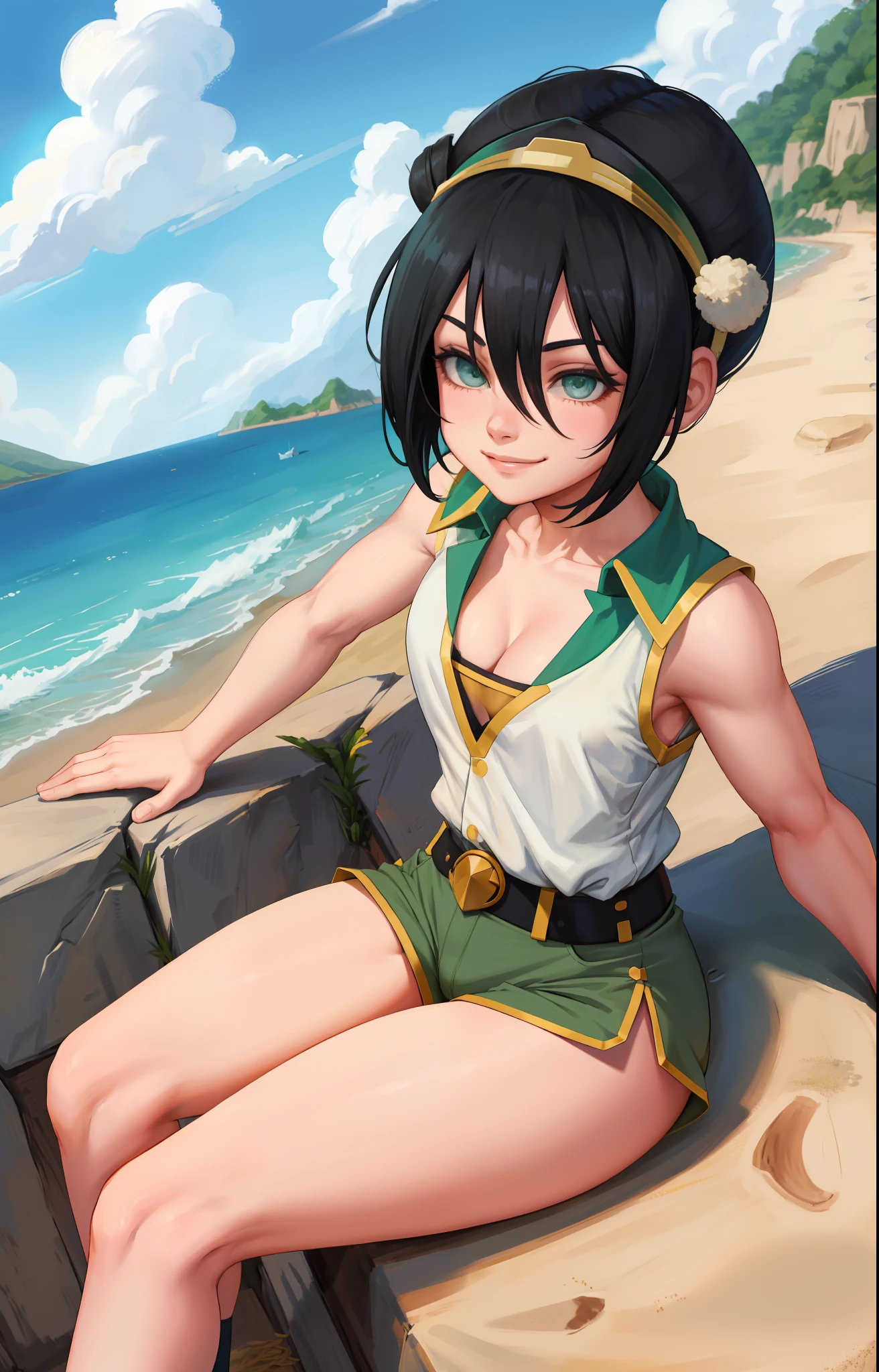 anime coloring pages, beach, blue sky, nature, 1girl, solo, black hair, hair band, short hair, hair between eyes, (blind: 1,2), green eyes, sports top, cleavage, (short shorts, black shorts), sitting on a throne, legs apart, smile, wide hips, firm ass