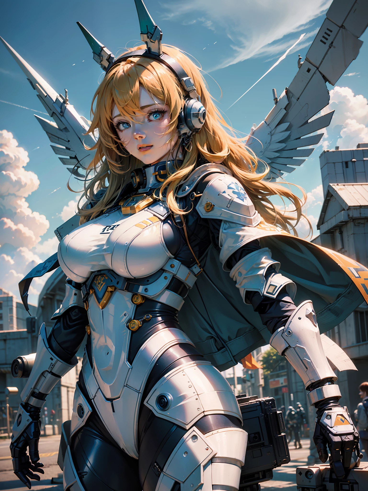 (Determined Eyes), (Huge Breasts), (Clothes with Multiple Damages) ((Blue Sky and White Cloud Background)), (Mecha Girl), (Wearing a Tight Leather Suit), (Best Image Quality), Dynamic Photography, Fujifilm, Long Photography, Orange Gundam Mech, Gundam Style, Open Wings, Storytelling Camera View, Battle Stance Display, Dispersion, Feature Article, Studio Environment, Battle Stance, Soft Ambient Light, C4D, OC Render, 3D, Ultra HD16K,--ar 3:4 -- niji5
