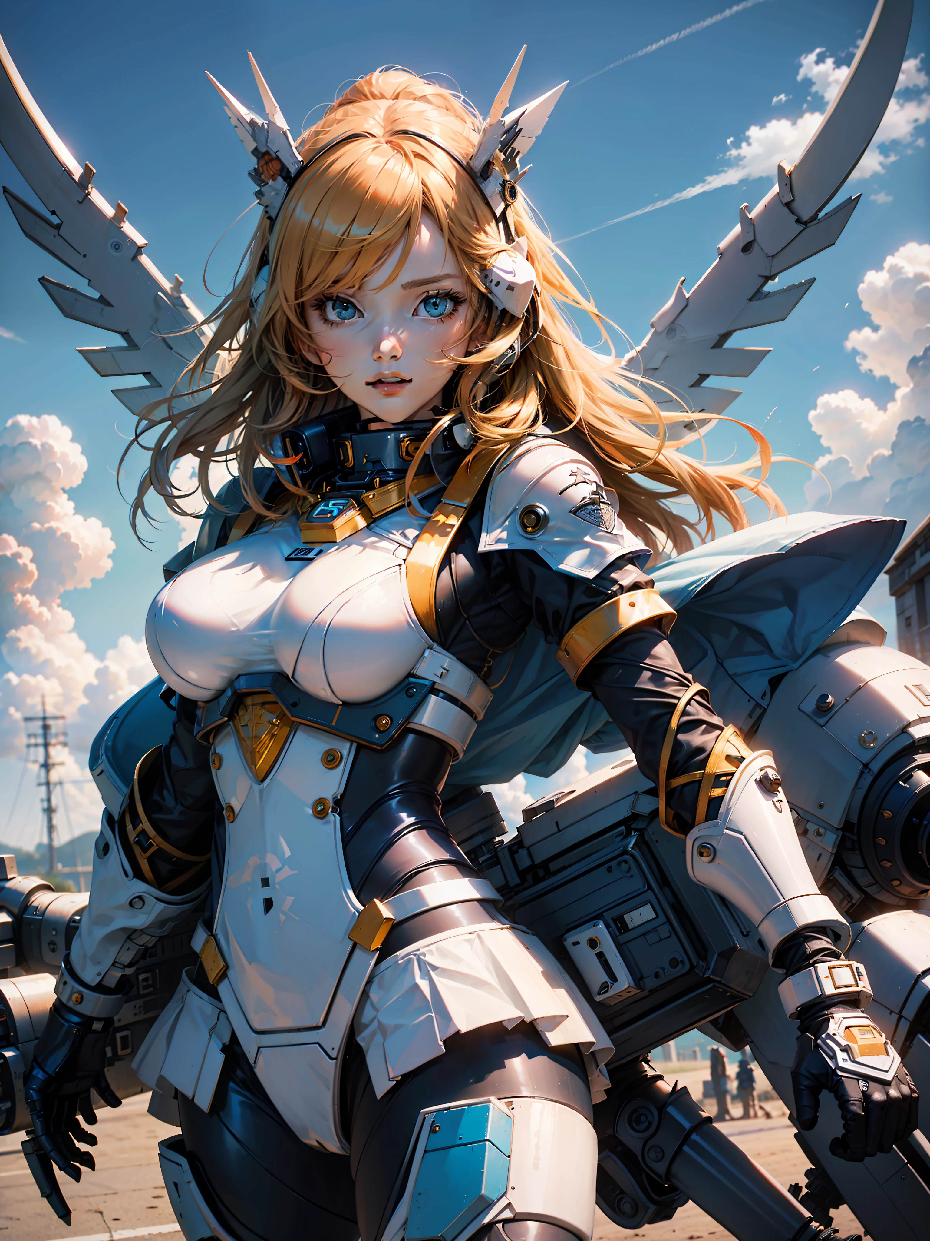(Huge breasts), (Clothes with many torments) ((Blue sky and white cloud background)), (Mecha Girl), (Wearing a tight leather suit), (Best Image Quality), Dynamic Photography, Fujifilm, Long Photography, Orange Gundam Mecha, Gundam Style, Open Wings, Story Perspective, Battle Stance Display, Dispersion, Feature Article, Studio Environment, Battle Stance, Soft Ambient Light, C4D, OC Render, 3D, Ultra HD16K,--ar 3:4 --niji5