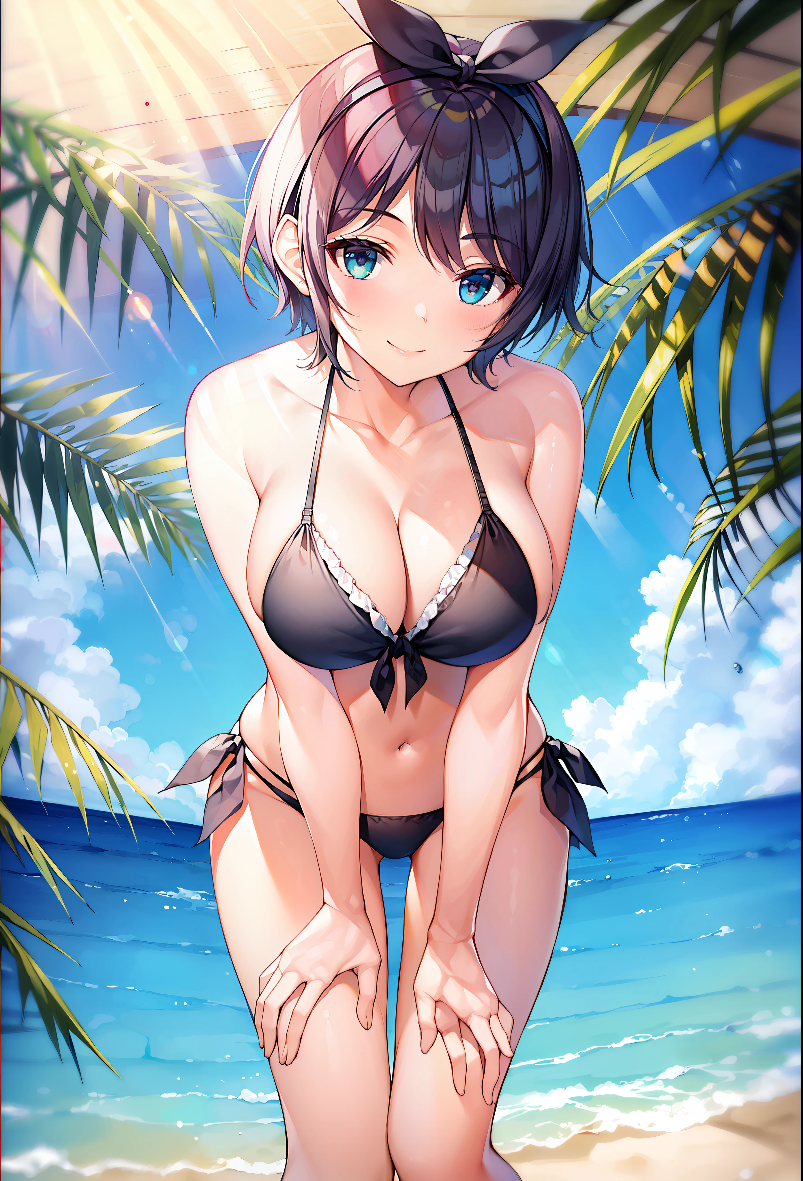 (masterpiece, best quality, 8k, highres:1.2), 1girl, bikini, beach, shy smile, troubled eyebrows, leaning forward,