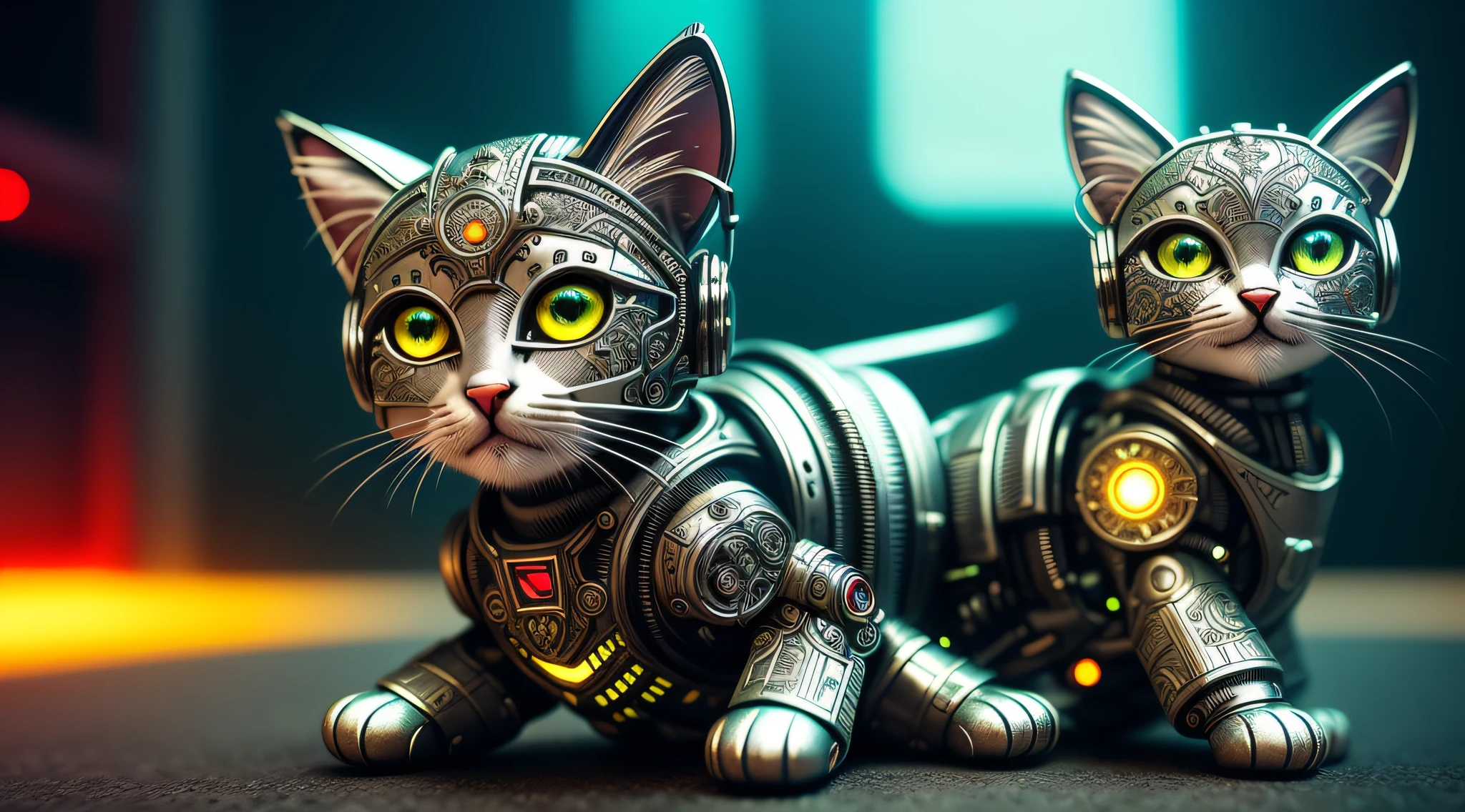a cute kitten made out of metal, cyborg, cyberpunk style, ((intricate details)), hdr, ((intricate details, hyperdetailed)), cinematic shot, vignette