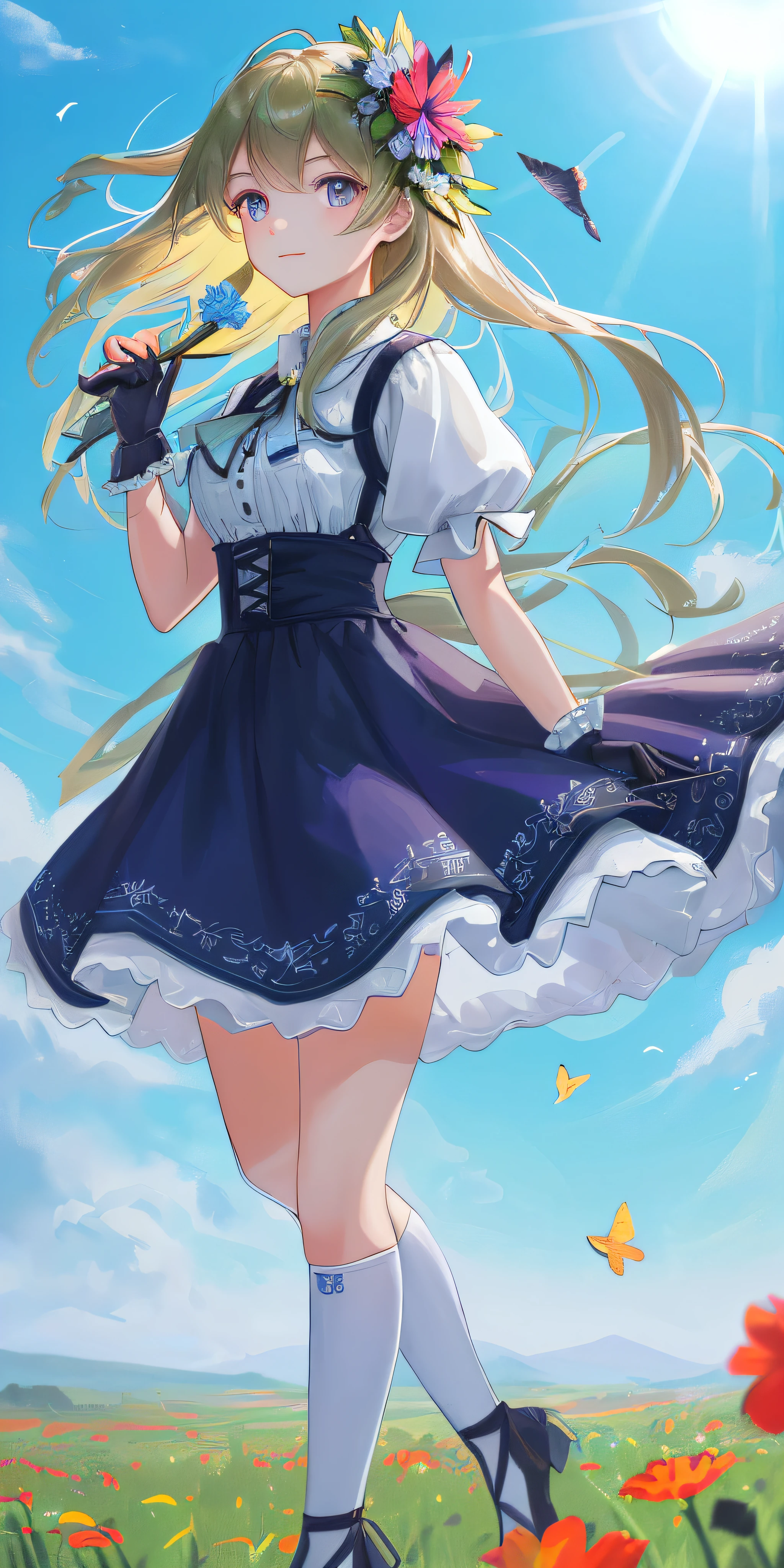 Highly detailed, ultra detailed, ultra high resolution girl enjoying her time in an open field, surrounded by the beauty of nature, with the warm sun shining on her and wild flowers swaying gently in the breeze. Butterflies and birds flutter around her, adding to the playful atmosphere, --v6