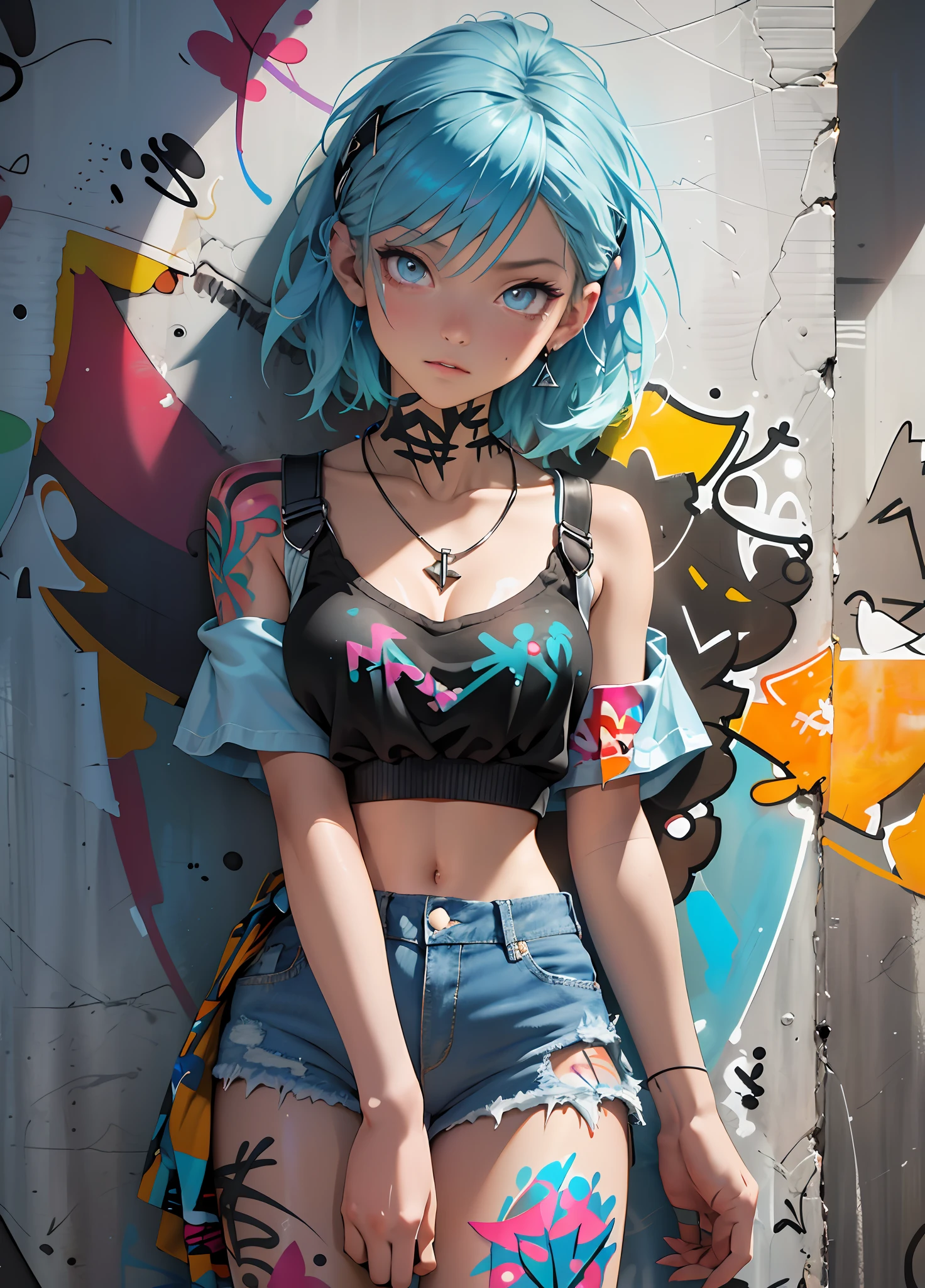 Masterpiece, best quality, realistic, 1 girl, solo, crop top , denim shorts, necklace, (graffiti:1.5), paint splash, behind arm, against a wall, looking at the audience, armbands, thigh straps, paint on body, head tilt, boredom, multicolored hair, aqua eyes,