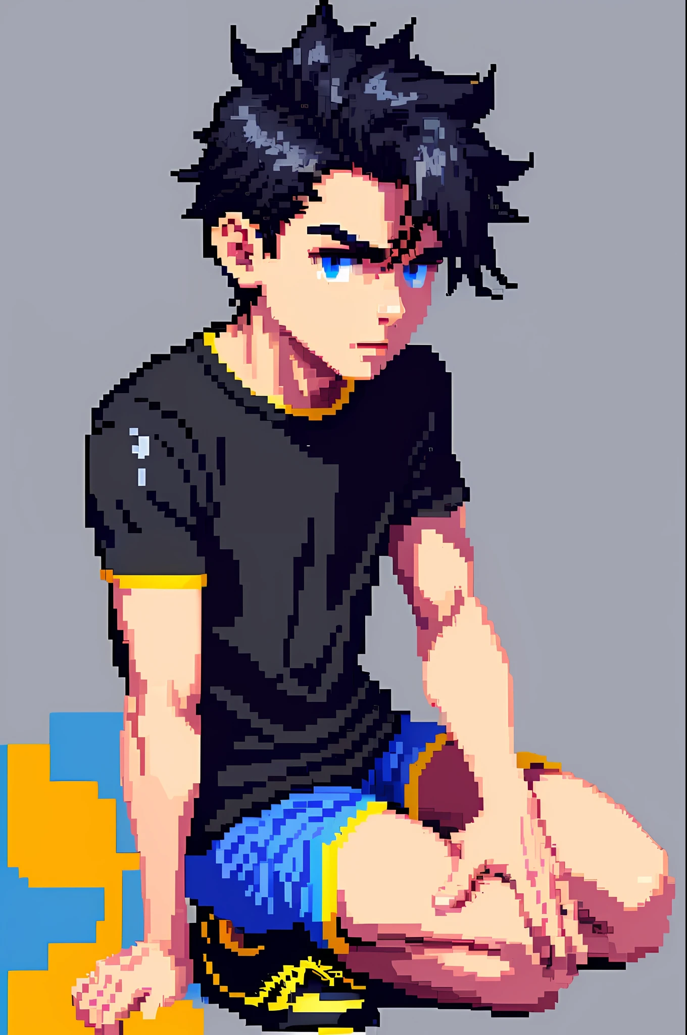 ((Pixel Art)) 1 boy, solo, black hair, simple background, black background, portrait, expressionless, upper body only (black mashed hair: 1.3), (blue plain t-shirt), (black shorts), (yellow sneakers)