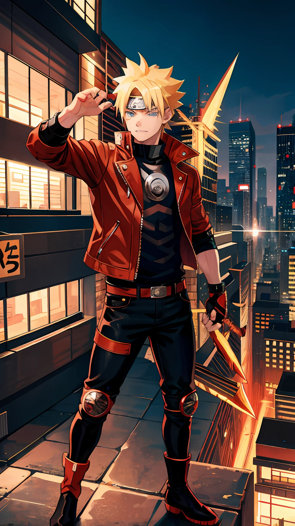 1 boy, shonen style, blonde hair, spiky hair, whisker marks on cheeks, black and red outfit, leather jacket, jeans, boots, bandana, cool, blue eyes, holding a kunai, full body, color --name Naruto Uzumaki --background city at night