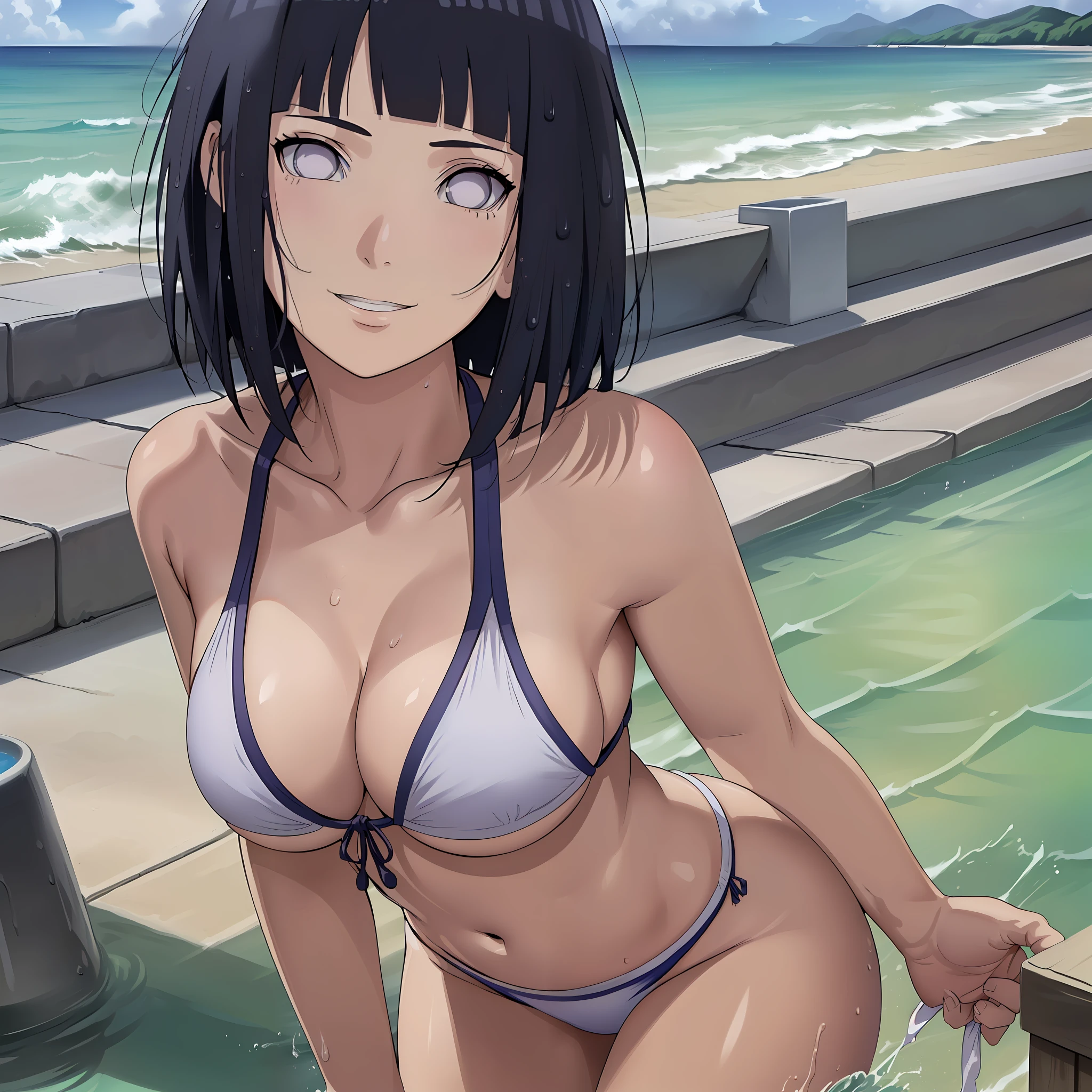 (masterpiece, anime style:1.9, beach, sea, soaked, soaked face, white micro bikini, working out, caring, talking), hinata\(boruto\), mature female, standing, victory, milf, (curvy:0.8), solo, short hair, hime cut, (dark blue hair color:1.1), white, big breasts, flat belly, perfect eyes, anime eyes, smoky eyeliner, eyeshadow, perfect face, shy, sharp focus, professional artwork, intricate details, colorful, vibrant colors, vivid colors, digital blending, ultra detailed body, ultra detail hair, ultra detail face, trending on pixiv, kind smile, happy, very hot colors, sunrays, leaning forward
