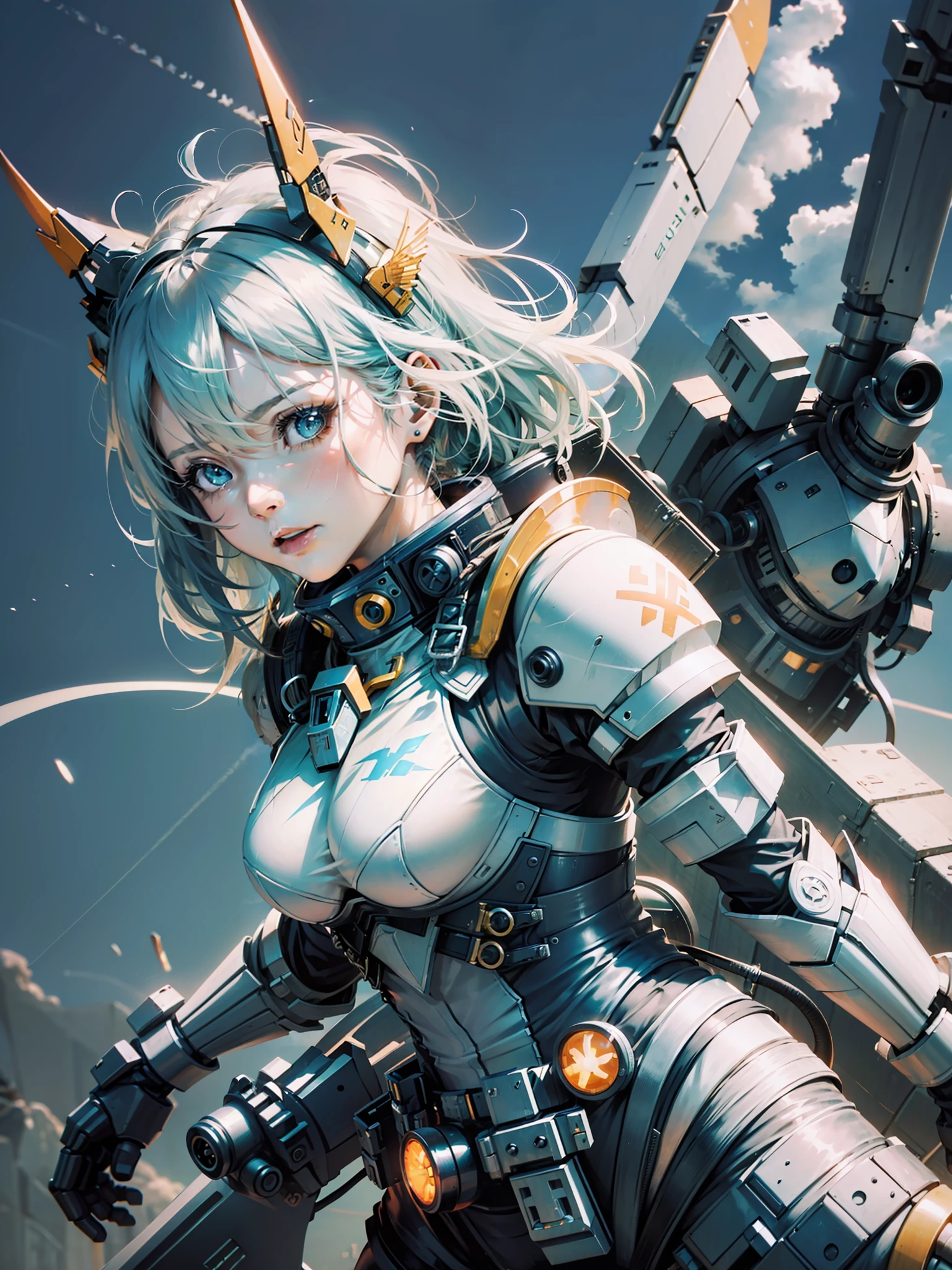 (scars on face), ((blue sky and white cloud background)), (mecha girl), (girl in good shape), (wearing tight leather clothing), (larger breasts) (best image quality), motion photography, Fujifilm, long photography, orange Gundam mech, Gundam style, spread wings, story camera perspective, battle stance display, scatter, feature article, studio environment, battle stance, soft ambient light, C4D, OC Render, 3D, ultra HD16K,--ar 3:4 -- niji5