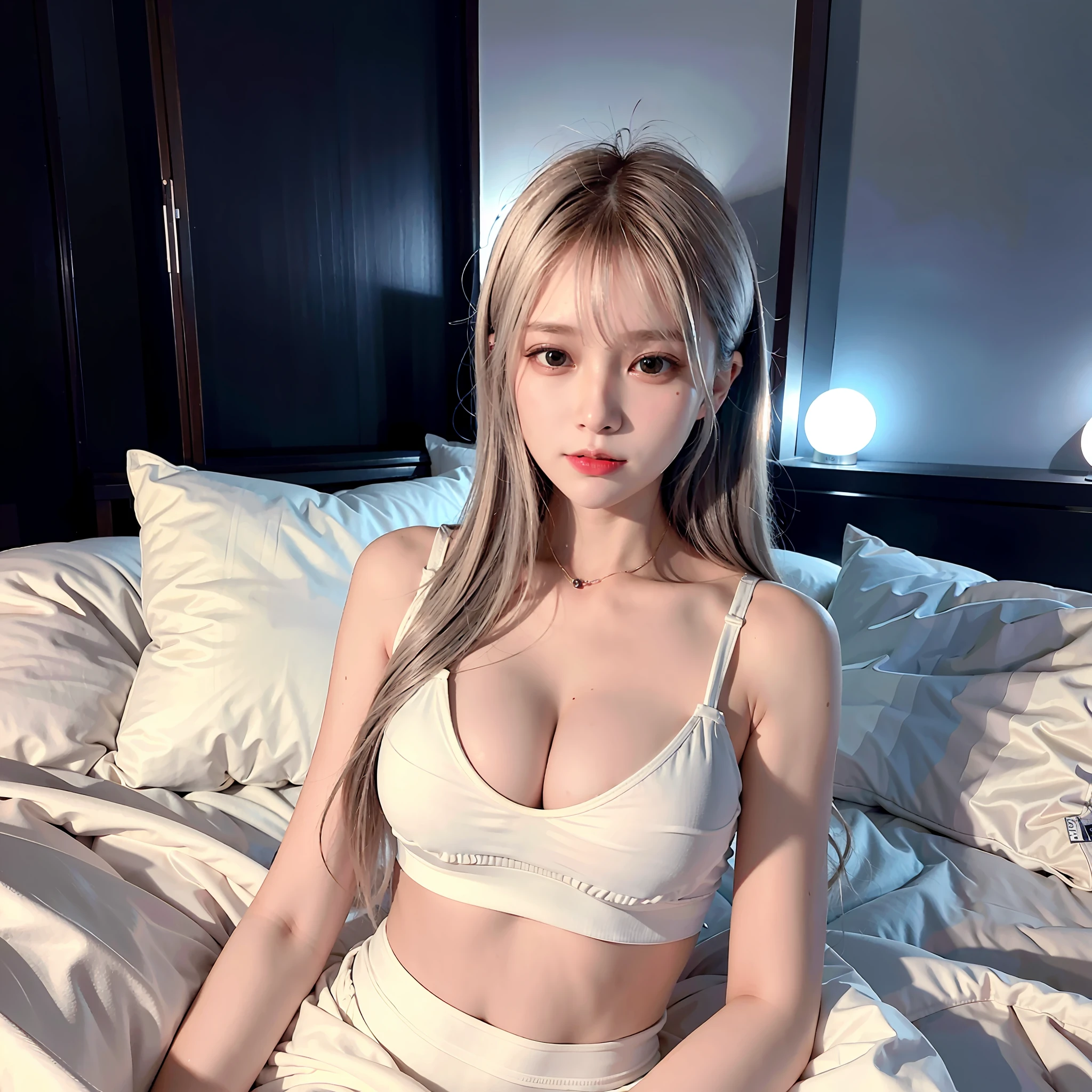 8k, RAW photos, top quality, masterpieces: 1.2), (realistic, photorealistic: 1.37), 1 girl, (bed, mood lights, pillows, blankets, small breasts)