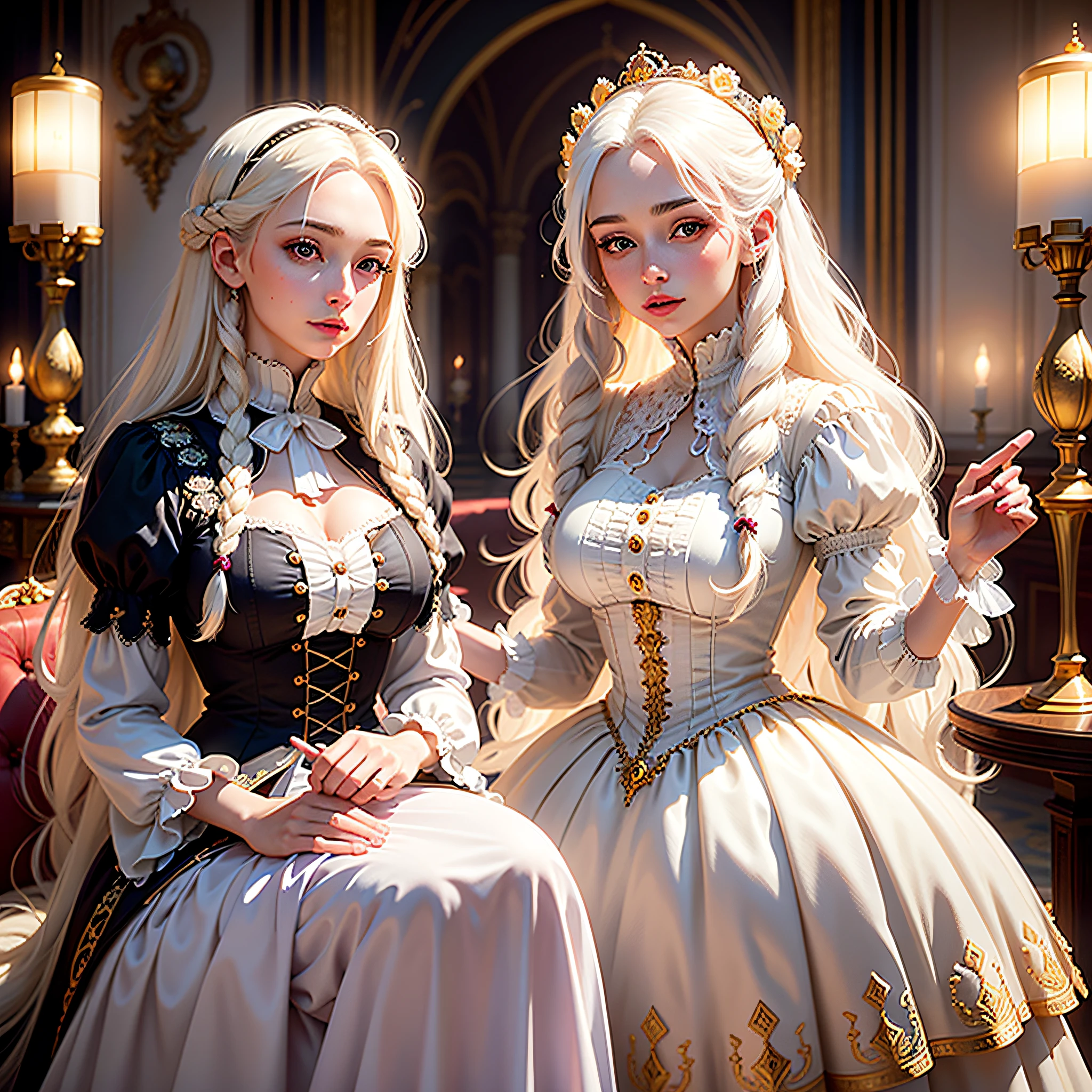 masterpiece, highest quality, solo focus, (perfect face:1.1) , (high detail:1.1), (romantic, 1.5), (long White hair:1.3) novel cover, delicate, 1 delicate woman, Wearing a beautiful white Victorian dress:1.3, gold jewelry:1.3, long White hair:1.3, Holding a candle lamp 1.2), (In a beautiful palace, daytime, bright light:1.3), young Women, longing posture, hyper detailed, digital art, studio quality, smooth render, unreal engine 5 render, octane render, 8K, Girl with European and Korean features, 1800 dress,Classic Victorian dress, pompous dress