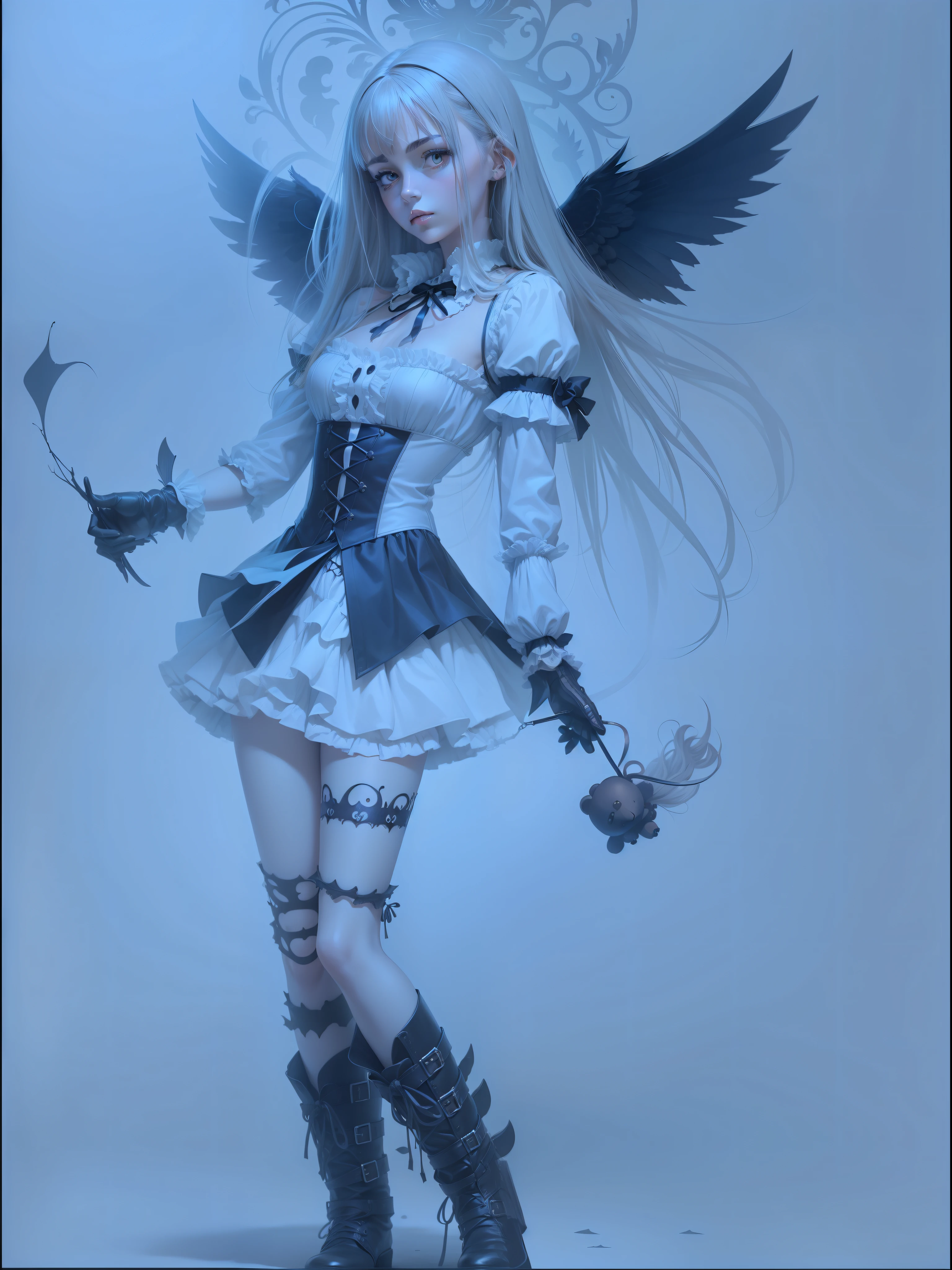 Drawing Gothic girl, realistic, wings on back, teddy bear in hand dark colors, Darck House --auto --s2
