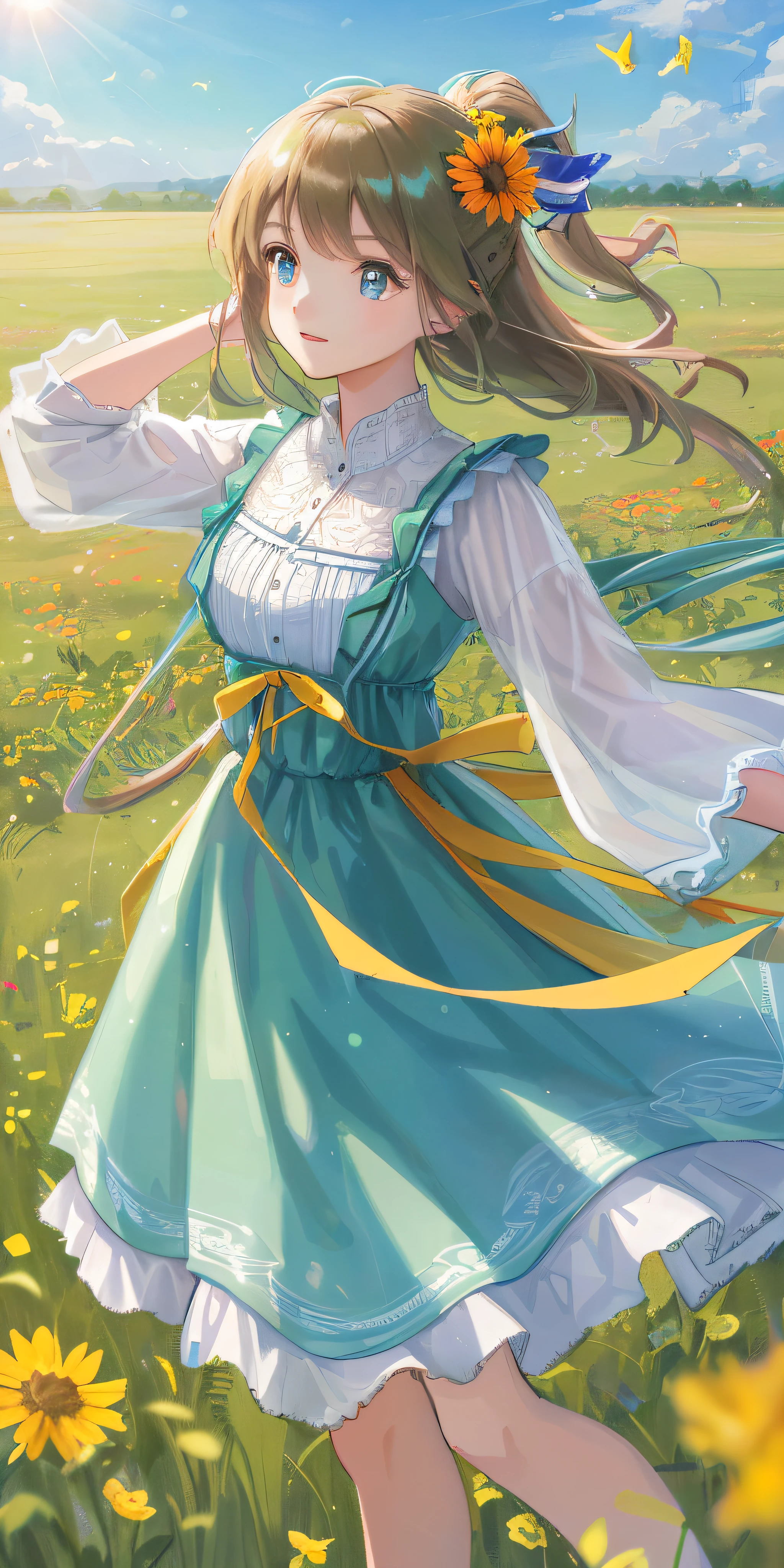 Highly detailed, ultra detailed, ultra high resolution girl enjoying her time in an open field, surrounded by the beauty of nature, with the warm sun shining on her and wild flowers swaying gently in the breeze. Butterflies and birds flutter around her, adding to the playful atmosphere, --v6