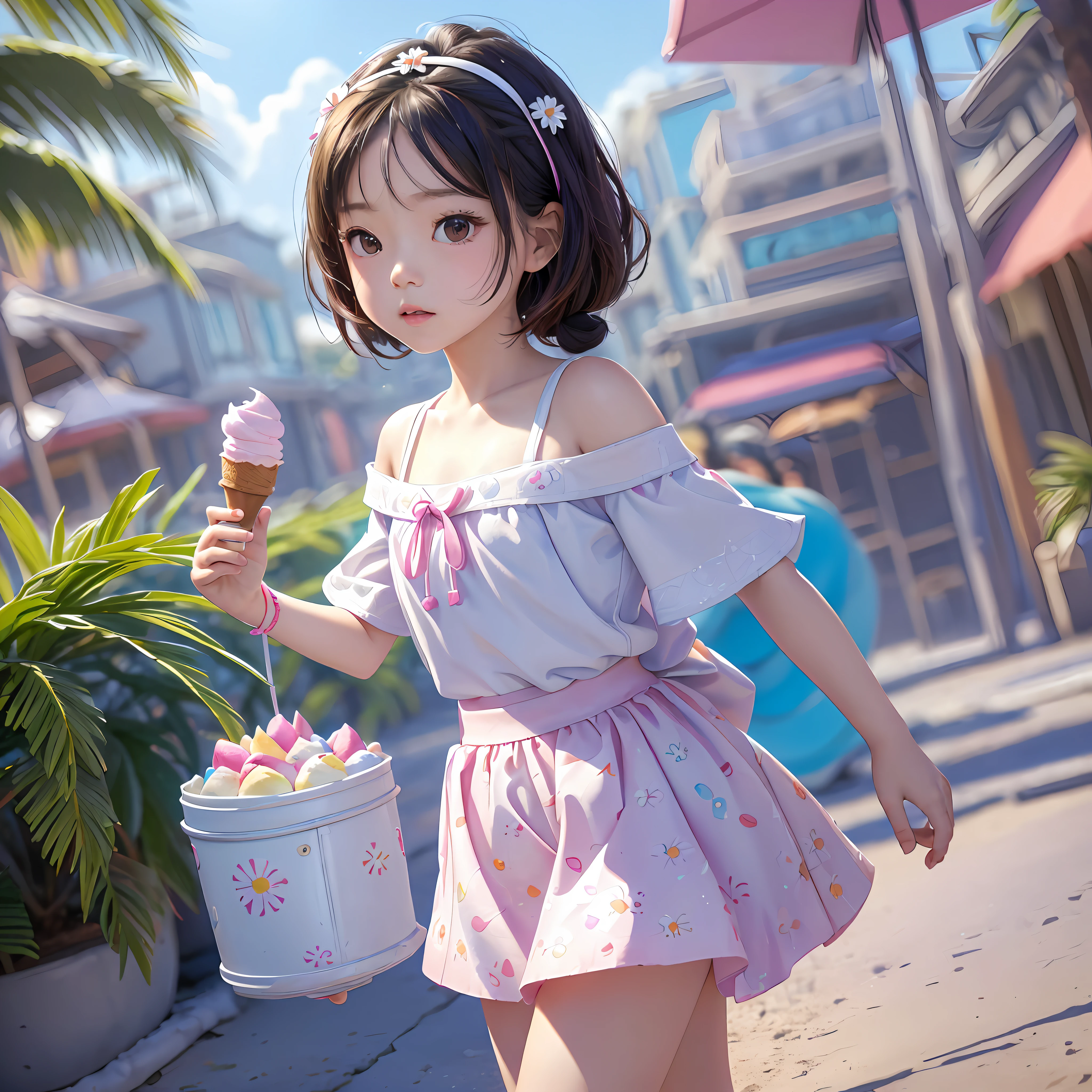 AS-A 6 year old asian girl ice cream on Disney Avenue, wearing pink off-the-shoulder skirt (with Daisy's pattern), sneakers stuffed animals tropical beach beautiful cloudy sky bright sunny day (Masterpiece: 9.16) (Realistic: 9.16) (Bokeh) (Best Quality) (Snow White Skin) (Intricate Details) (8K) (High Polygon) (Ray Tracing) (Cinematic Lighting) (Clear Focus) --auto --s2