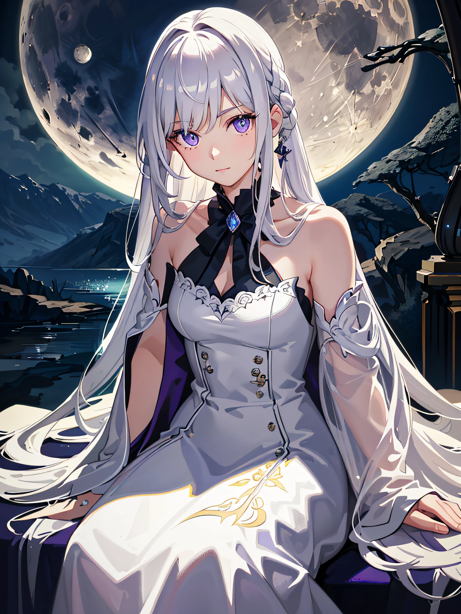 High resolution, highest quality, illustration, cinematic light, ultra-detailed face, (detailed eyes), best quality, ultra-detailed, masterpiece, (detailed face), 1girl, girl, white hair, purple eyes, highest detail, glowing eyes, medium breathing, sitting on the bed, sitting, bed, window, night sky, lake outside, moon, full moon, backlight, light, (high contrast), (color),