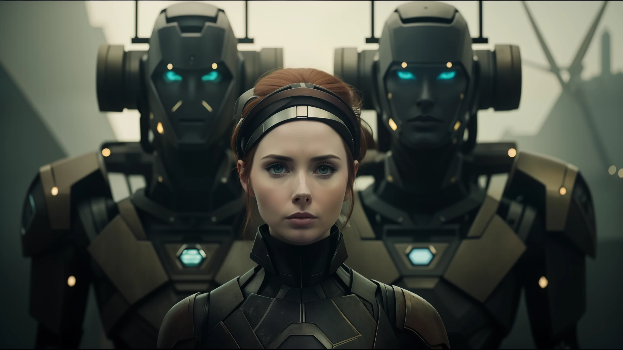 There's a woman, Karen Gillan, standing in front of a robot with a headband, beautiful Kacey Rohl, Eve Ventrue, Adobe After Effects, two identical symmetrical eyes, Sean Harris, gorgeous face + symmetrical face, detailed symmetrical faces, desaturated and soft colors, maquinarium characters, transhumanism