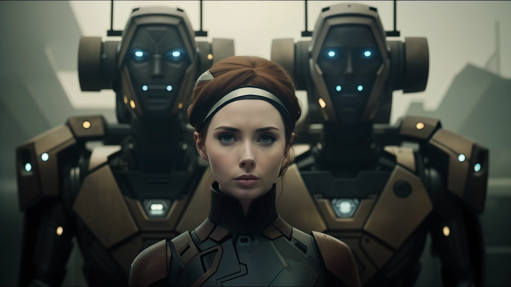 There's a woman, Karen Gillan, standing in front of a robot with a headband, beautiful Kacey Rohl, Eve Ventrue, Adobe After Effects, two identical symmetrical eyes, Sean Harris, gorgeous face + symmetrical face, detailed symmetrical faces, desaturated and soft colors, maquinarium characters, transhumanism