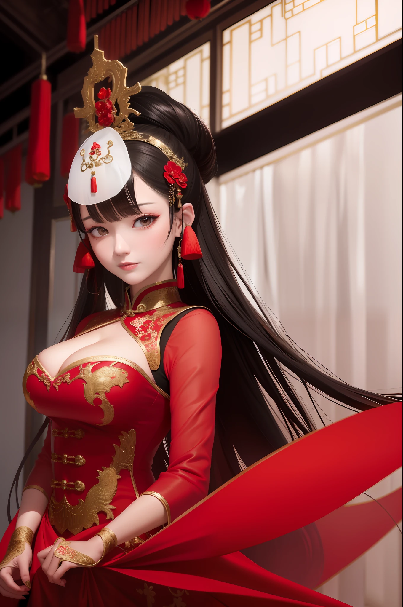 A Chinese-style bride, wearing a red festive red hijab, displays her delicate costumes under high-end light and shadow, ray tracing presents high-resolution, high-quality images, super complex accessories under a large bust, shining with dazzling silk and satin, and just the right amount of black hair flowing lightly behind her back.