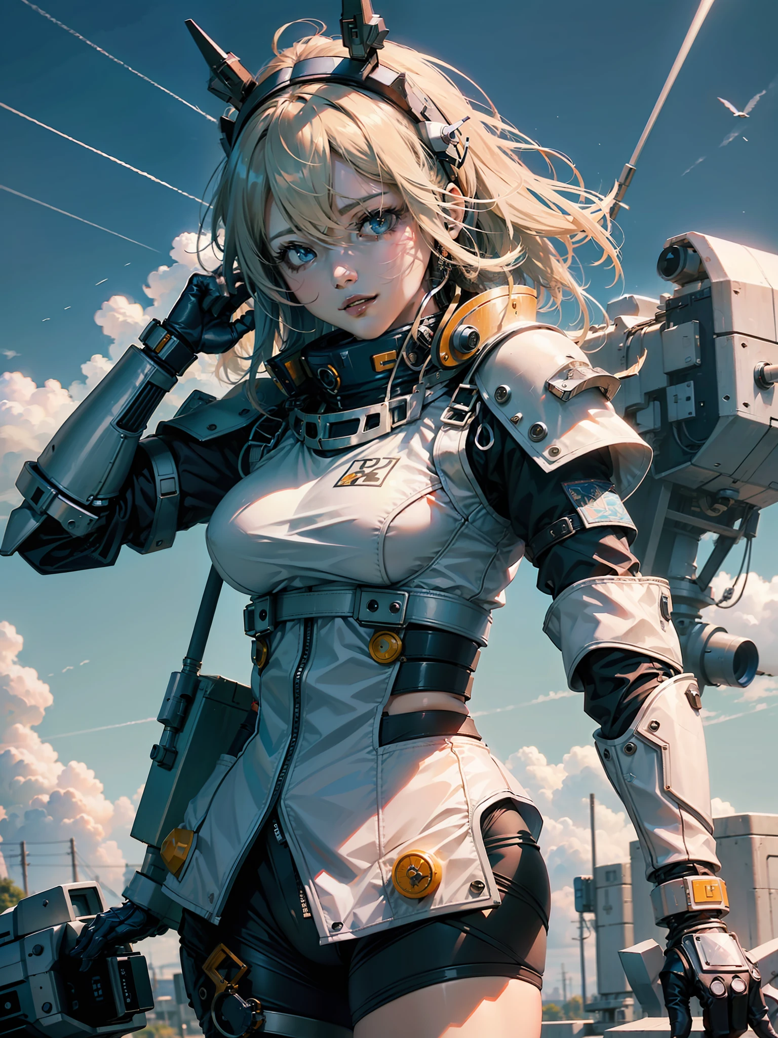 (sexy eyes), (busty body), (mecha mecha), (blue sky and white cloud background), (ready to take off pose), (mecha girl), (girl in good shape), (wearing tight leather jacket), (orange mech), Gundam mech, (big breasts) ,(best image quality), motion photography, fujifilm, long photography, gundam style, spread wings, camera perspective with a sense of story, scatter, feature article, studio environment, battle stance, soft ambient light, ultra hd rendering, ultra hd 16K, -- ar 3:4 --niji5, C4D, 3D