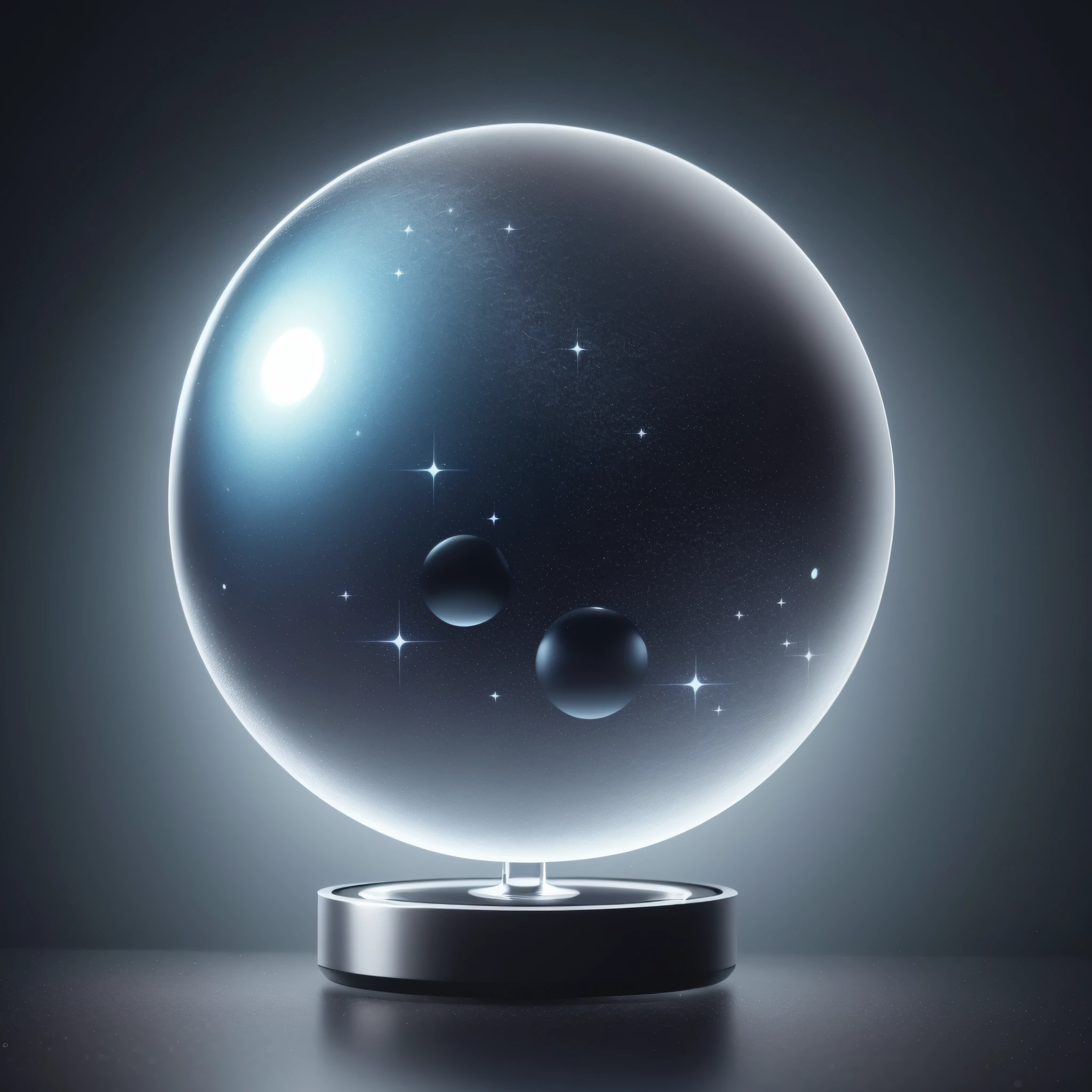 This is a (empty) pure glass round sphere on a round glass stand on a pure black background,(((masterpiece))), best quality, light tracing, glitter, photorealism, super realistic CG unity wallpaper 8k, close-up