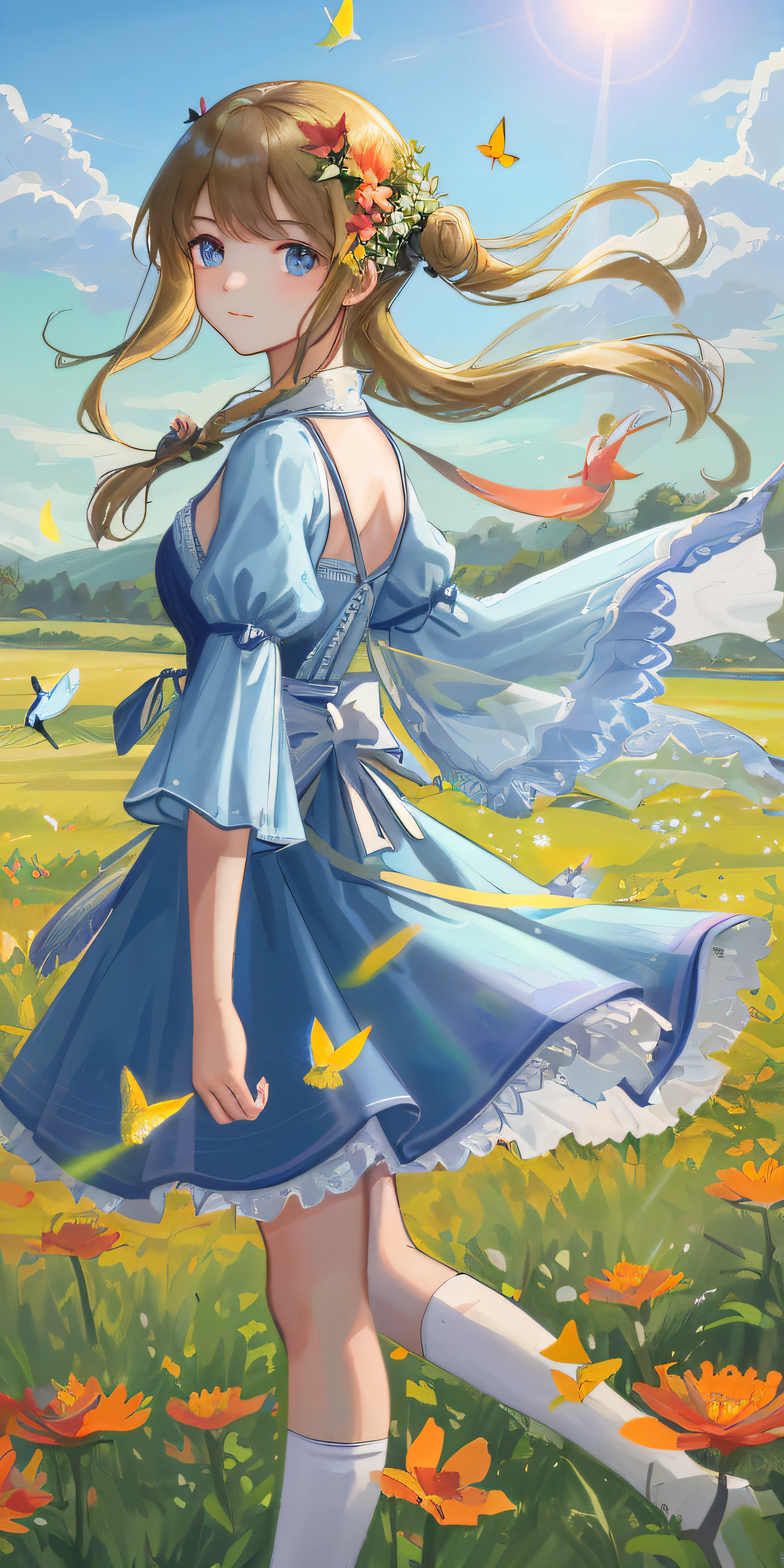 Highly detailed, ultra detailed, ultra high resolution girl enjoying her time in an open field, surrounded by the beauty of nature, with the warm sun shining on her and wild flowers swaying gently in the breeze. Butterflies and birds flutter around her, adding to the playful atmosphere, --v6