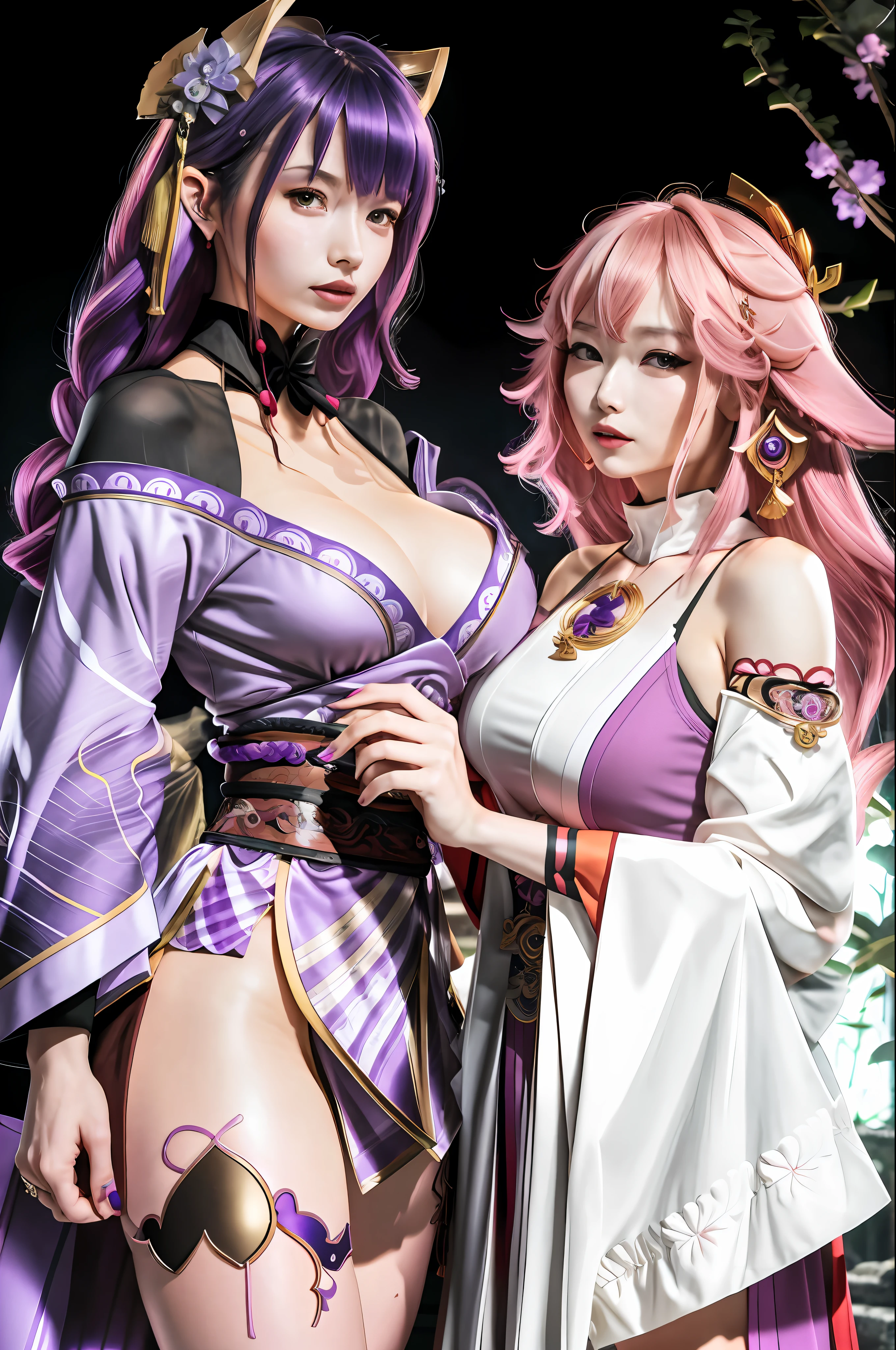 masterpiece, best quality,multiple girls, breasts, 2girls, yae miko, raiden shogun, purple eyes, pink hair, japanese clothes, purple hair, large breasts, long hair, cleavage, hair ornament, thighs, purple kimono, thighhighs, bangs, animal ears, detached sleeves, fox ears, wide sleeves, kimono, moon, weapon, braid,(kbxll:0.8)