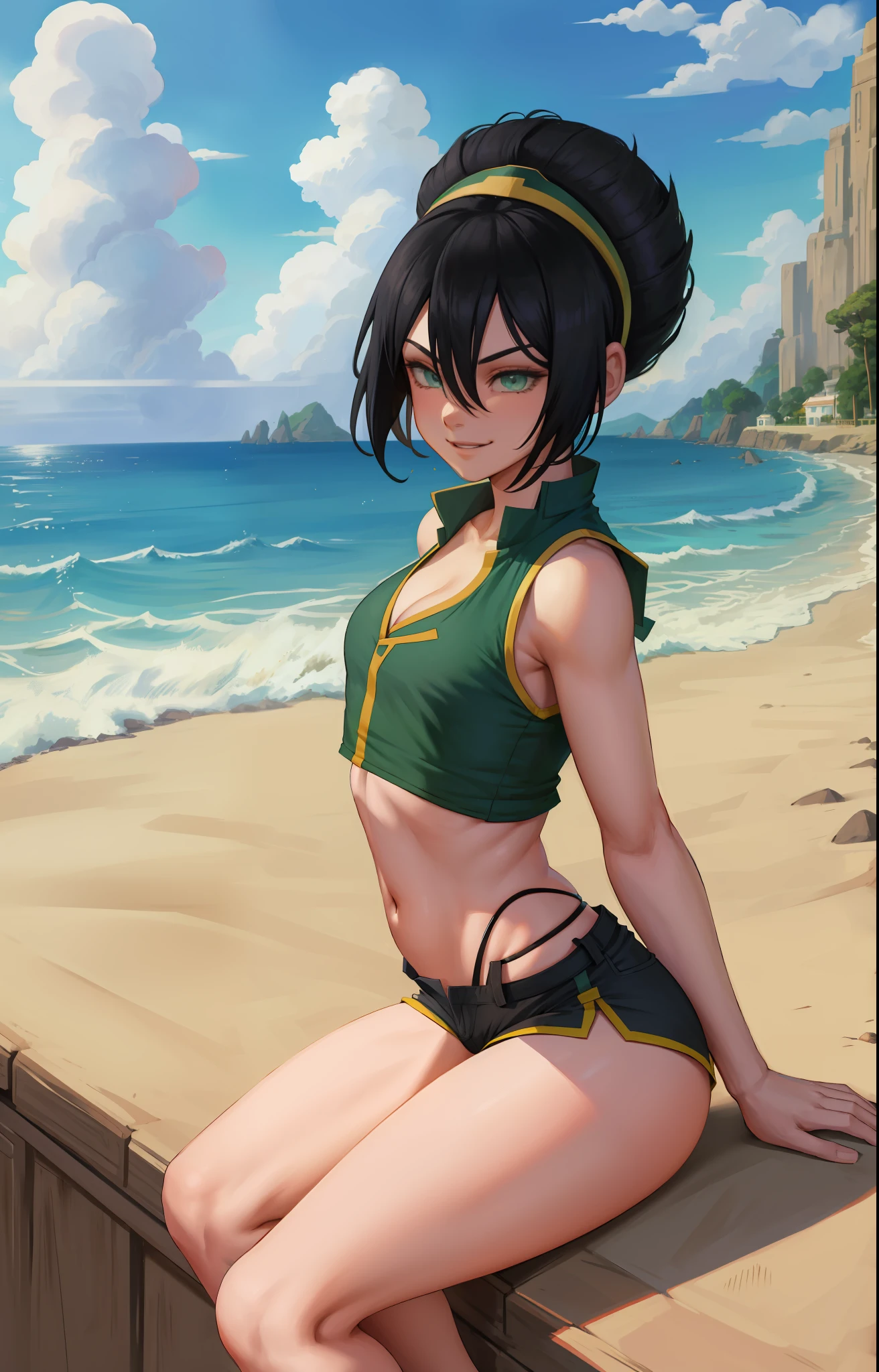 anime coloring pages, beach, blue sky, nature, 1girl, solo, black hair, hair band, short hair, hair between eyes, (blind: 1.2), green eyes, sports top, cleavage, (short shorts, black shorts), squats, legs spread, smile, wide hips, firm ass