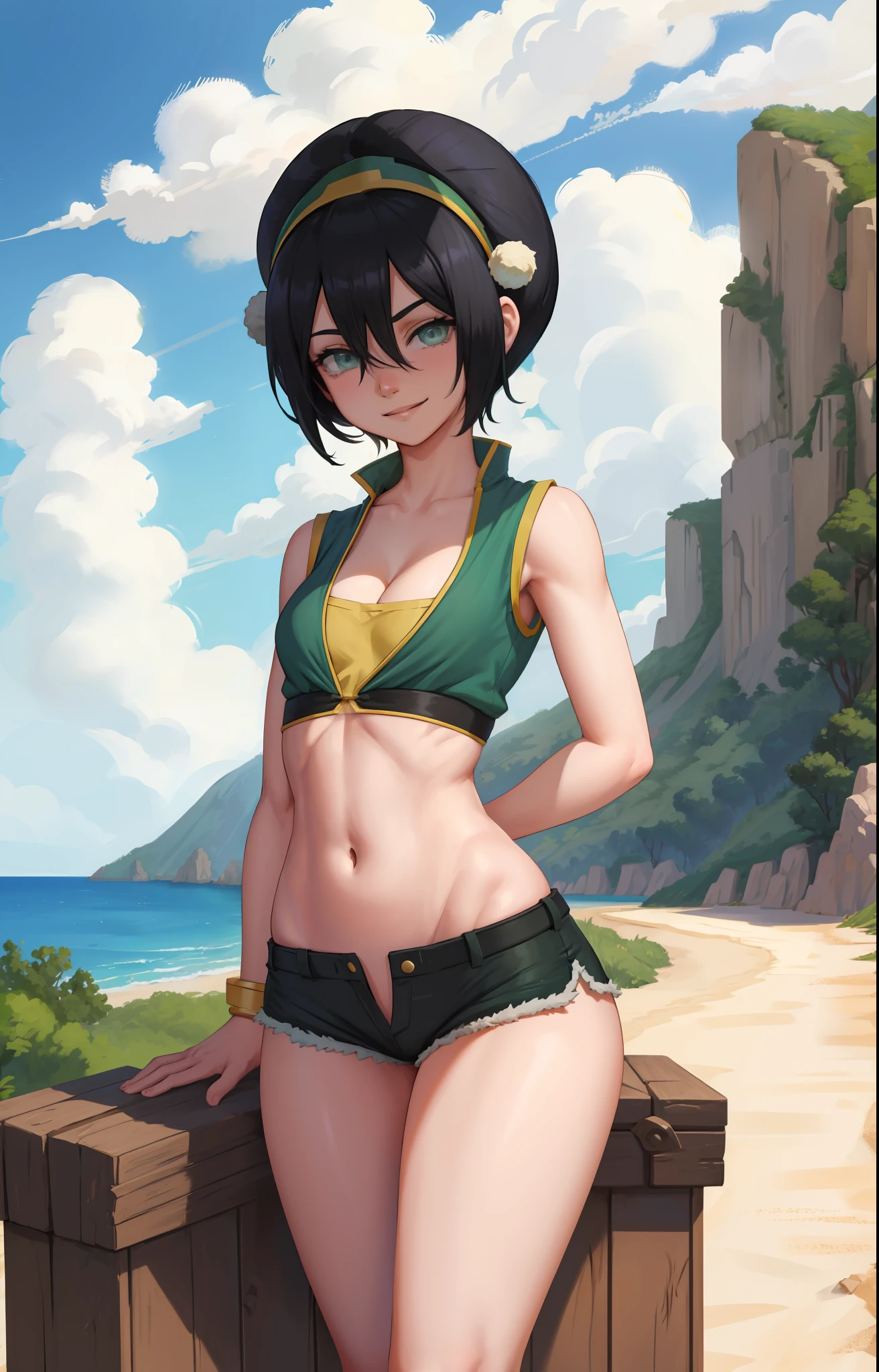 anime coloring pages, beach, blue sky, nature, 1girl, solo, black hair, hair band, short hair, hair between eyes, (blind: 1.2), green eyes, sports top, cleavage, (short shorts, black shorts), squats, legs spread, smile, wide hips, firm ass