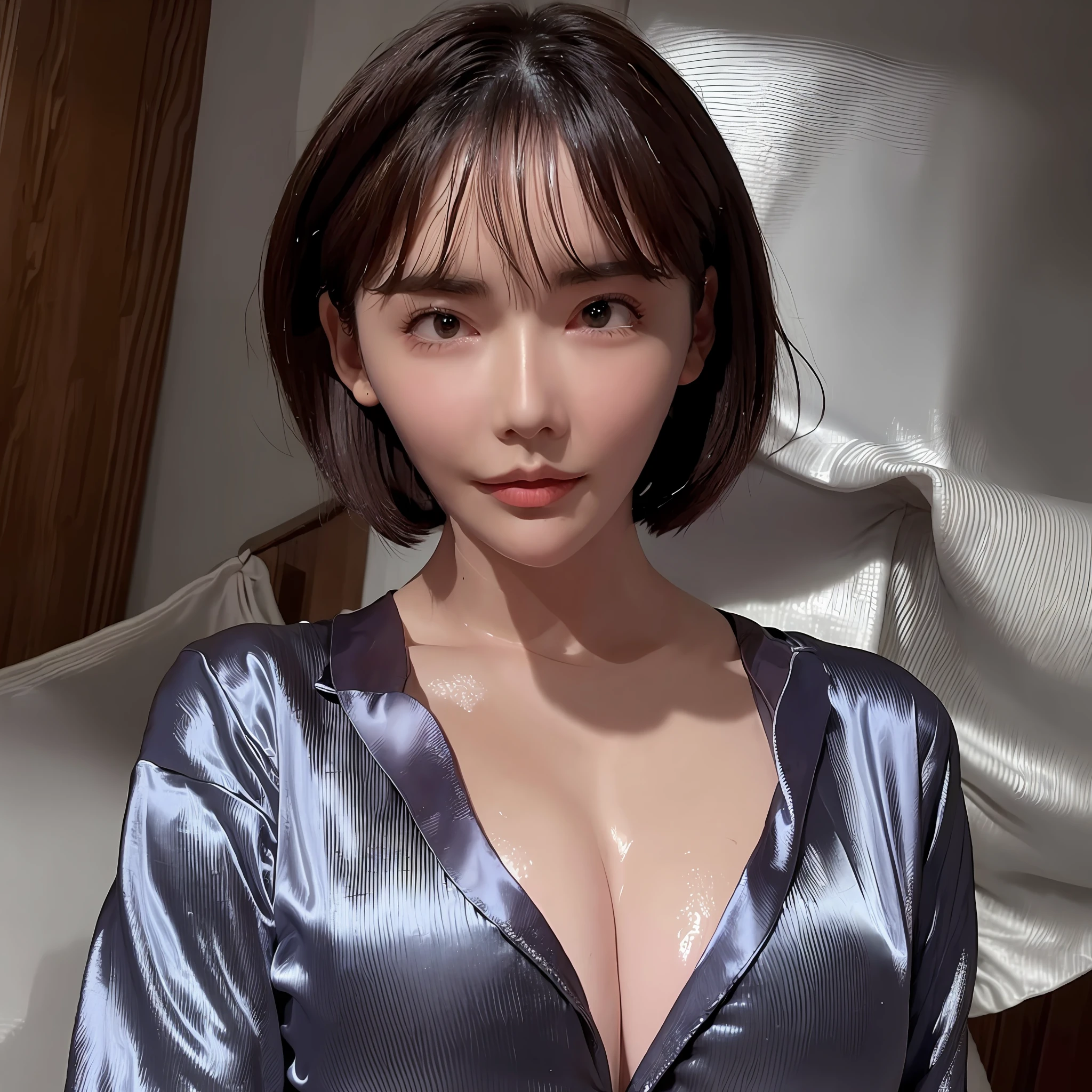 Best quality, best image quality, highest resolution, super detail, satin pajamas, silk pajamas, pajama material is shiny, soft and smooth to the touch, no  is worn,  are C cup, the head of the  can be seen through the pajamas, the whole body shot so that the face can be entered, the subject is alone, the place is on the street in the slum, the weather is heavy rain, umbrella does not prick, hands on the , sweaty, soaked, soaked, drenched,