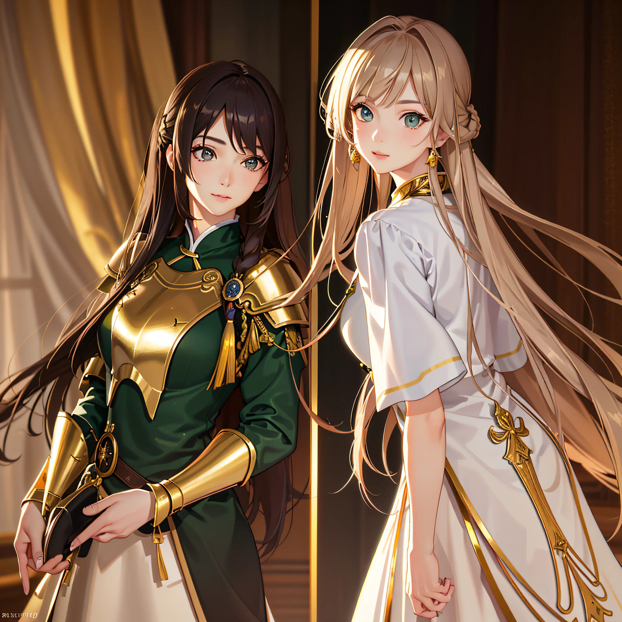 Realistic: 1.4), (Masterpiece, Side Light, Delicate Eyes: 1.2), Masterpiece* Portrait, Realistic Kei, 3D Face, Shiny Eyes, Lustrous Hair, Glossy Hair, Glossy Skin, Front Full Photo, Green Chinese Dress Armor, Brown Hair, Kanzashi, Ponytail, Medium Hair, Golden Light Armor, Golden Armor Cuirass
