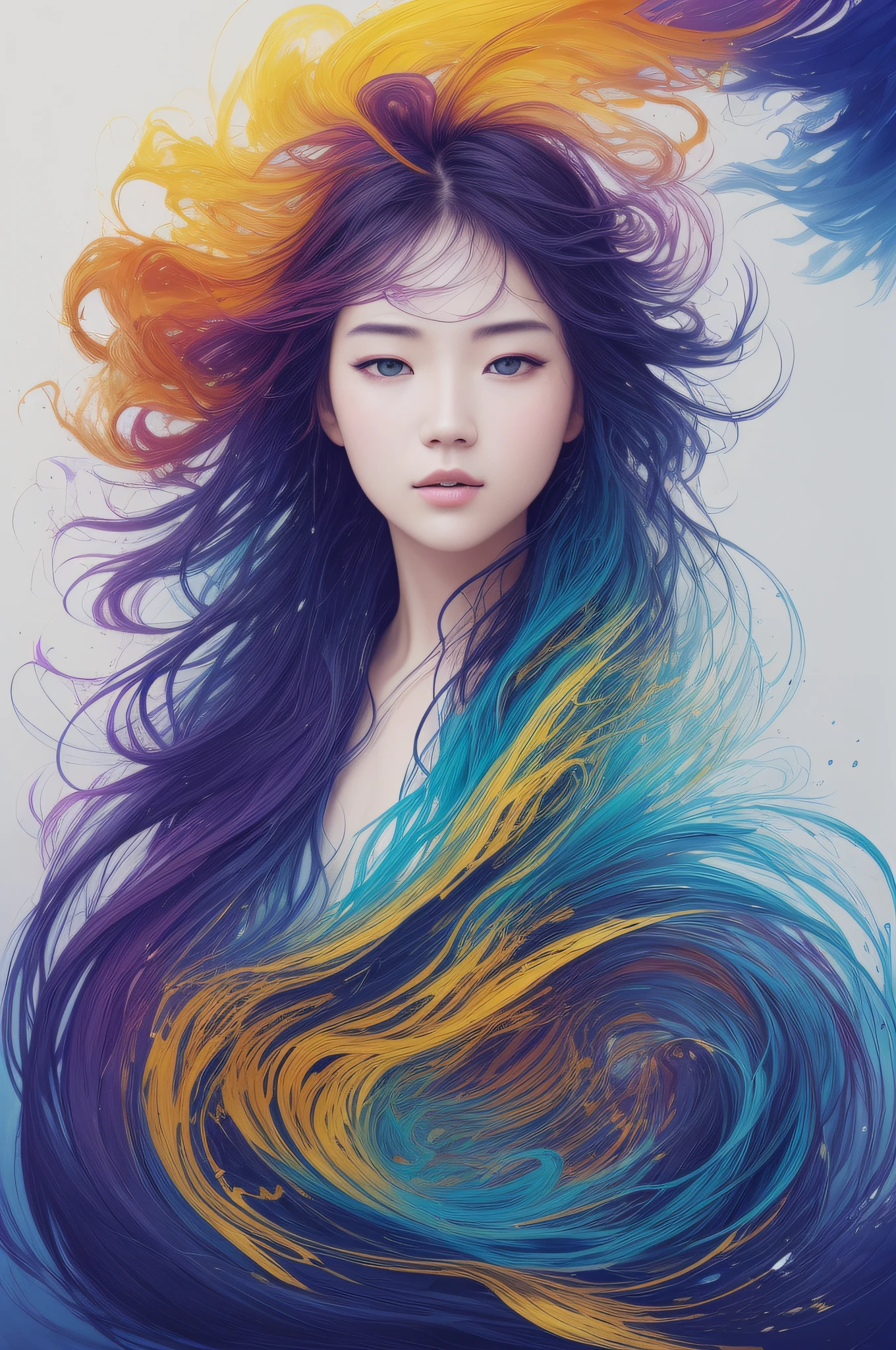 Colorful beautiful girl: a 25-year-old girl, Chinese, small eyes, single eyelids, danphoenix eyes, messy hair, oil painting, perfect face, soft skin perfect face, blue-yellow, light purple and violet addition, light red addition, intricate details, splash screen, 8k resolution, masterpiece, cute face, artstation digital painting smooth very black ink flow: 8k resolution realistic masterpiece: intricate fluid gouache: by Jean Baptiste Mongue: Calligraphy: Acrylic: Watercolor Art, Professional Photography, Natural Daylighting, Volumetric Lighting Minimalist Photography Illustration: by Marton Bobzert: , Complex, elegant, expansive, dreamy, wavy hair, full of energy