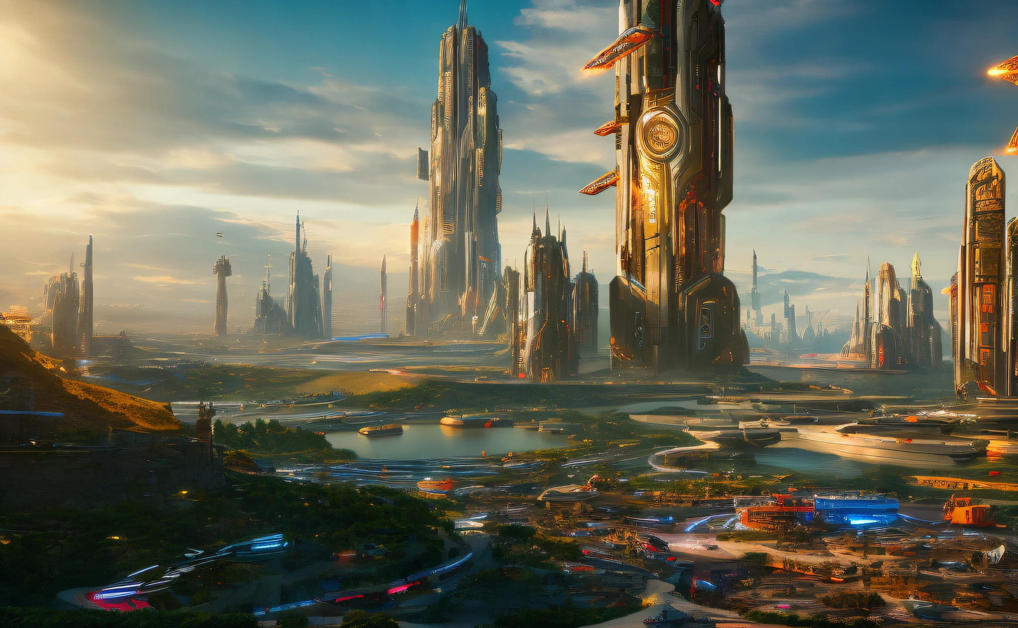 futuristic sci-fi city landscape, sci-fi, ultra-realistic, high resolution, city