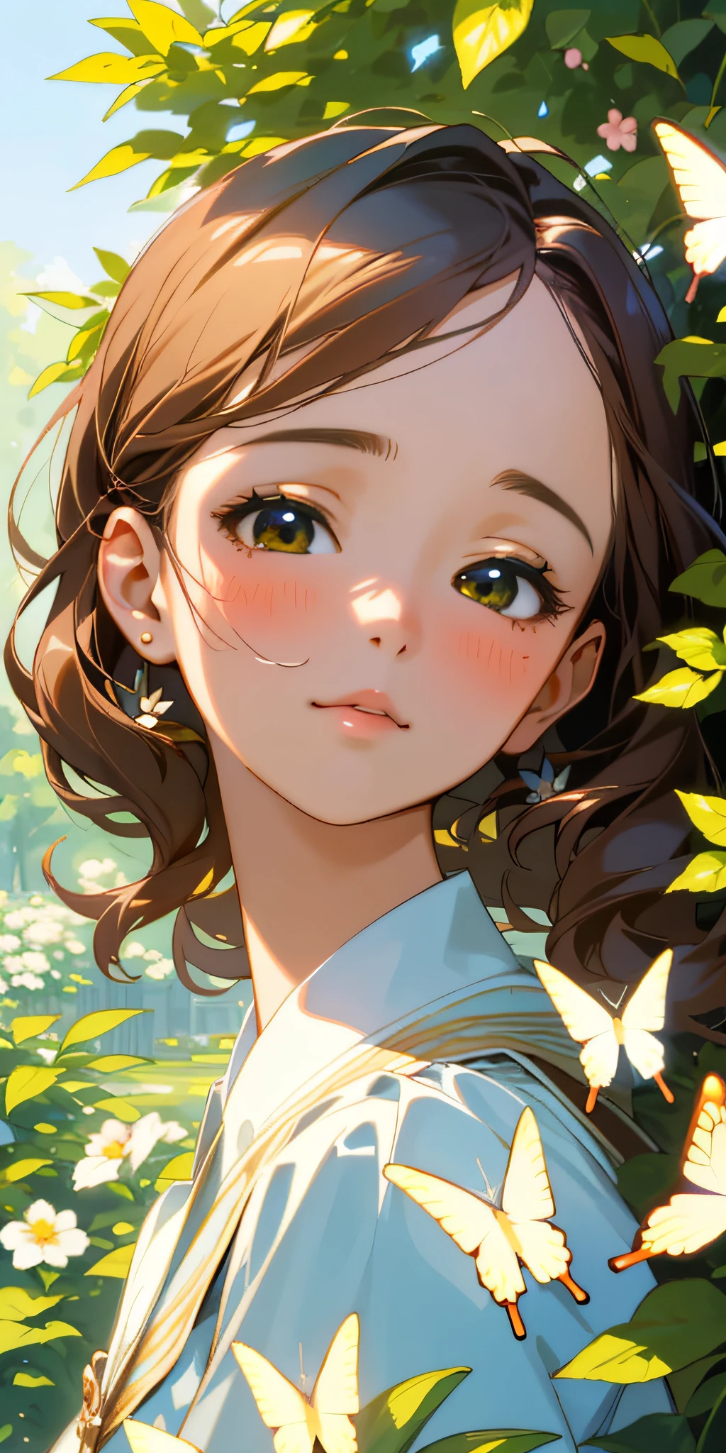 (best quality, masterpiece, ultra-realistic), portrait of 1 beautiful and delicate girl, with a soft and peaceful expression, the background scenery is a garden with flowering bushes and butterflies flying around.