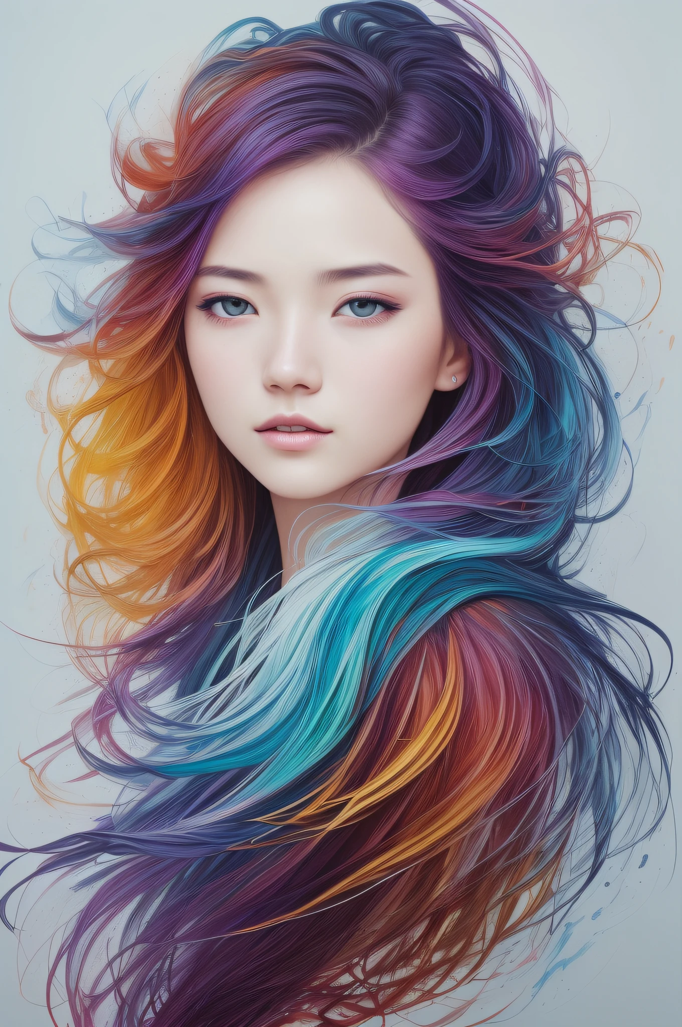 Colorful beautiful girl: a 25-year-old girl, Chinese, small eyes, single eyelids, danphoenix eyes, messy hair, oil painting, perfect face, soft skin perfect face, blue-yellow, light purple and violet addition, light red addition, intricate details, splash screen, 8k resolution, masterpiece, cute face, artstation digital painting smooth very black ink flow: 8k resolution realistic masterpiece: intricate fluid gouache: by Jean Baptiste Mongue: Calligraphy: Acrylic: Watercolor Art, Professional Photography, Natural Daylighting, Volumetric Lighting Minimalist Photography Illustration: by Marton Bobzert: , Complex, elegant, expansive, dreamy, wavy hair, full of energy