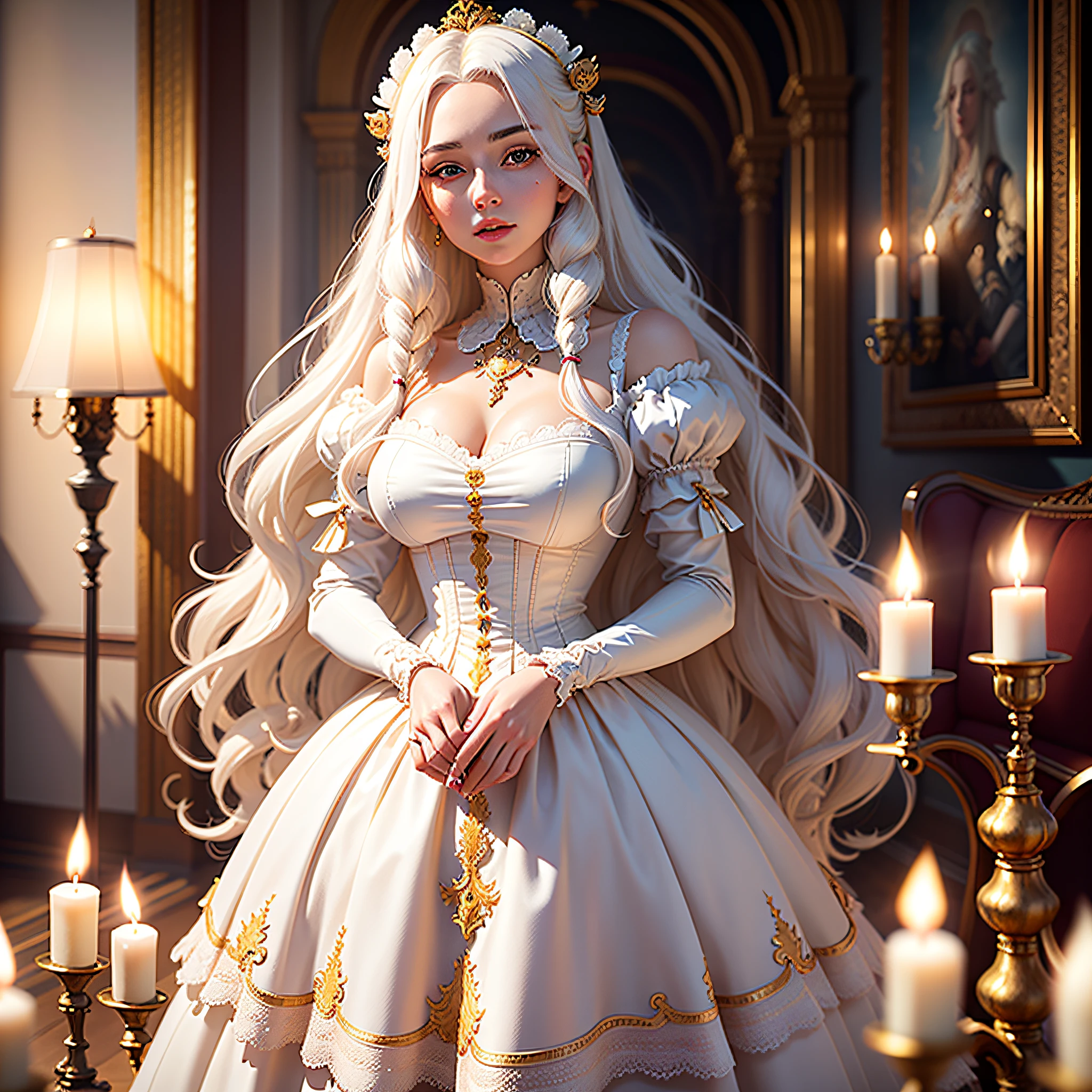 masterpiece, highest quality, solo focus, (perfect face:1.1) , (high detail:1.1), (romantic, 1.5), (long White hair:1.3) novel cover, delicate, 1 delicate woman, Wearing a beautiful white Victorian dress:1.3, gold jewelry:1.3, long White hair:1.3, Holding a candle lamp 1.2), (In a beautiful palace, daytime, bright light:1.3), young Women, longing posture, hyper detailed, digital art, studio quality, smooth render, unreal engine 5 render, octane render, 8K, Girl with European and Korean features, 1800 dress,Classic Victorian dress, pompous dress