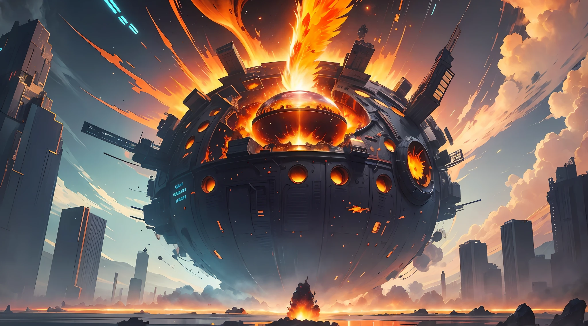 Sci-fi, tokamak EAST, a flaming phoenix flying into a tokamak jar, grand scene concept art, keeping the composition unchanged, redrawn, the main body is a cylindrical jar --auto --s2