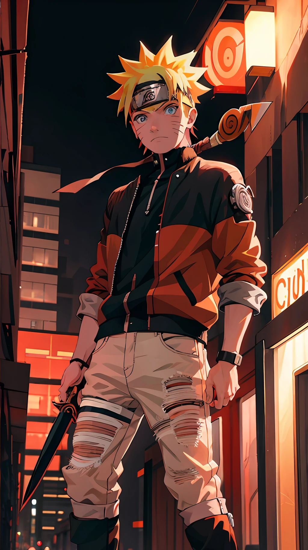 1 boy, shonen style, blonde hair, spiky hair, whisker marks on cheeks, black and red outfit, leather jacket, jeans, boots, bandana, cool, blue eyes, holding a kunai, full body, color --name Naruto Uzumaki --background city at night