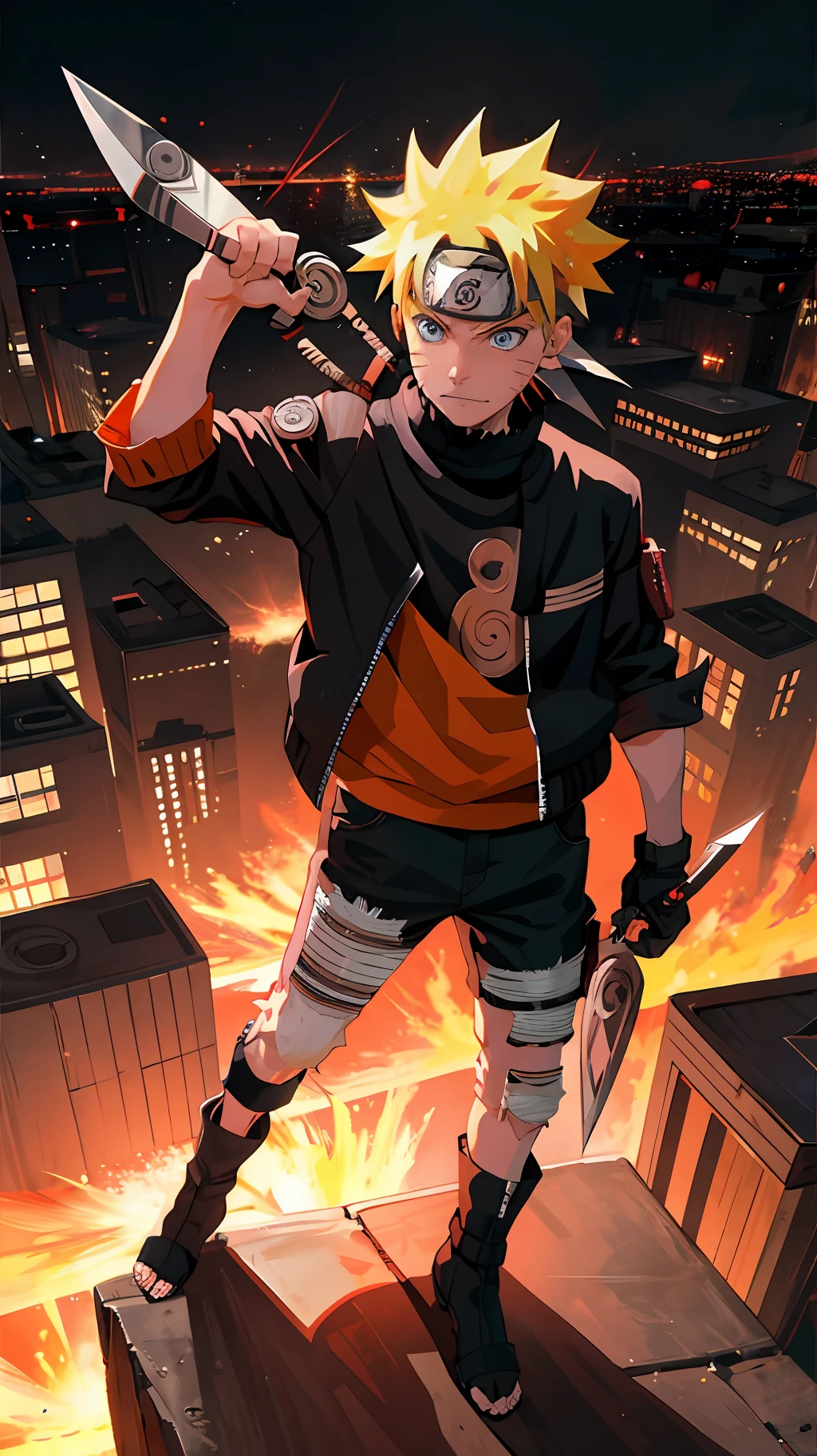 1 boy, shonen style, blonde hair, spiky hair, whisker marks on cheeks, black and red outfit, leather jacket, jeans, boots, bandana, cool, blue eyes, holding a kunai, full body, color --name Naruto Uzumaki --background city at night