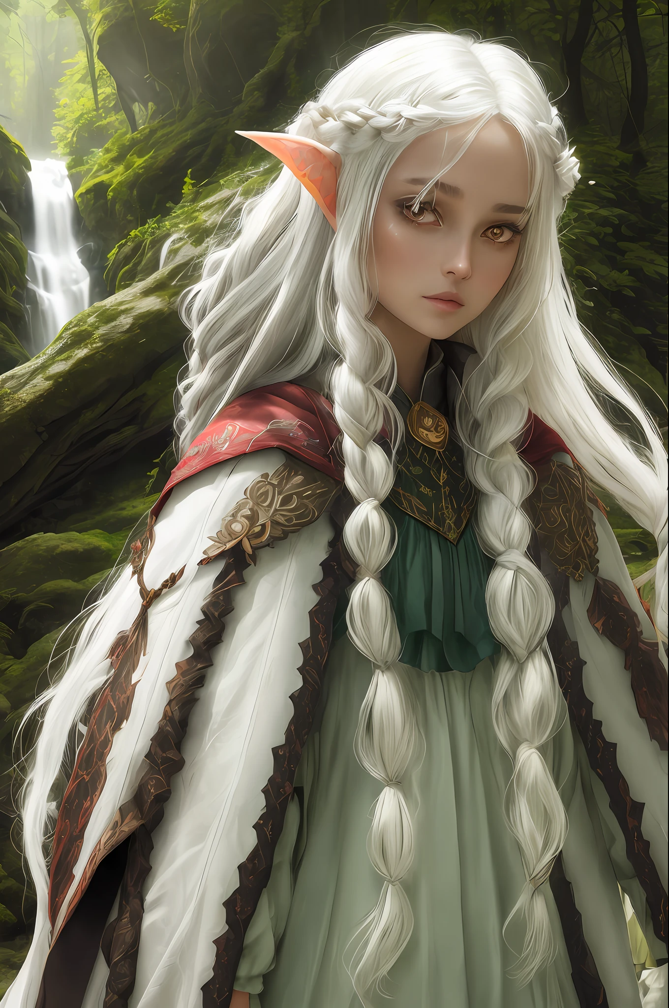 upper body close-up, druid female elf, dark to brown skin, red eyes, multiple stitched layer cloth armor, dark silk cloak, intricate thorn pattern, long white hair, waterfall braid hairstyle, detailed face and eyes, young woman, forest lake with ruins background, volumetric light, god rays, long elf ears, green and white silk outfit, wooden accessories