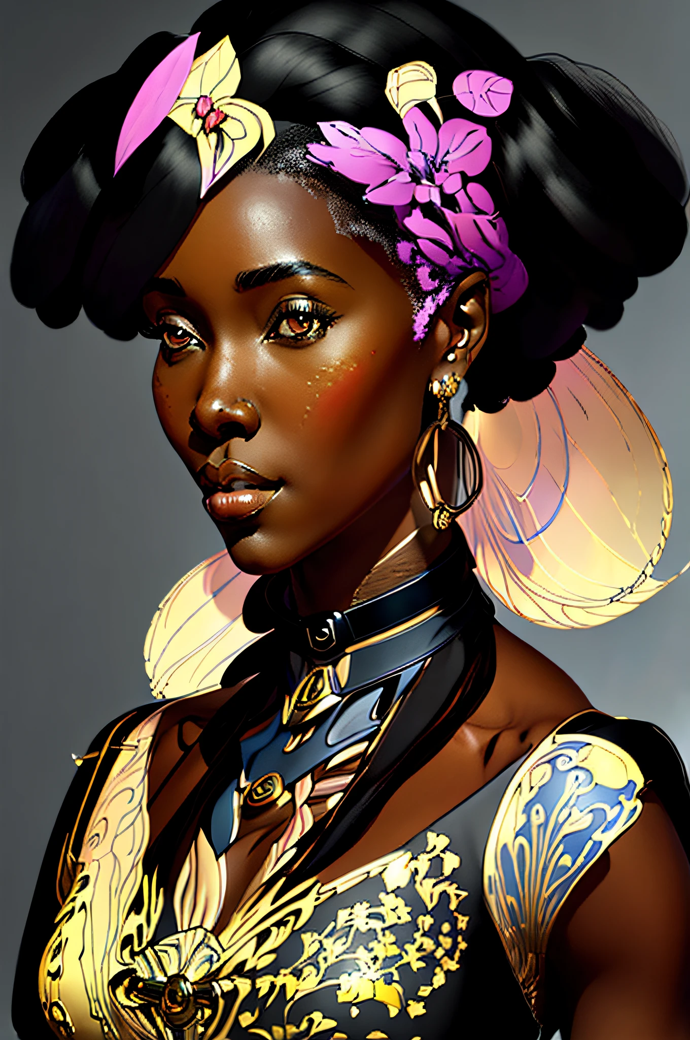 a digital illustration of black african woman in the style of Art Nouveau, steampunk, anime, pretty face, large scale, realistic proportions, highly detailed, smooth, sharp focus, 8k, ray tracing, digital painting, concept art illustration, by artgerm, trending on artstation, sony a1