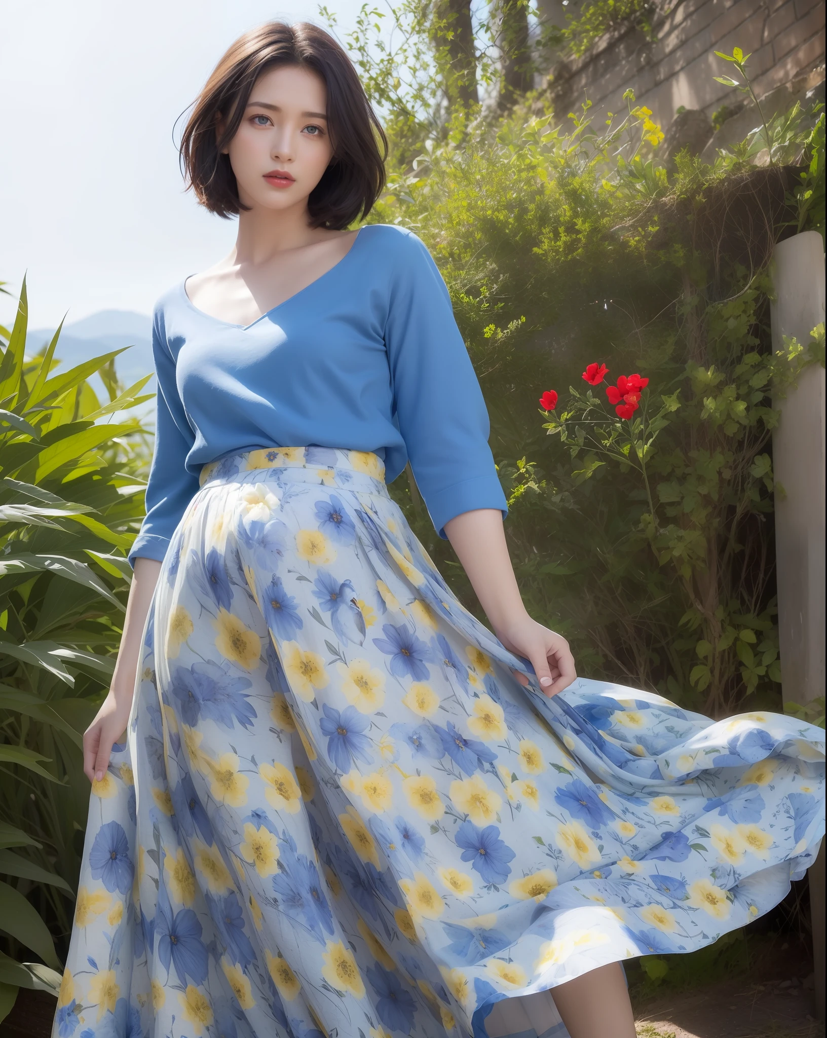 (long skirt:1.2),(blue flowers print:1.2),(yellow flowers print:1.2),(red flowers print:1.3),(birds print:1.2),(leaf print:1.2),1 girl,full body, (short hair:1.1), (realistic:1.7),((best quality)),absurdres,(ultra high res),(photorealistic:1.6),photorealistic,octane render,(hyperrealistic:1.2), (photorealistic face:1.2), (8k), (4k), (Masterpiece),(realistic skin texture), (illustration, cinematic lighting,wallpaper),( beautiful eyes:1.2),((((perfect face)))),(cute),(standing),(black hair),(short hair),black eyes,red lips, (outdoors),